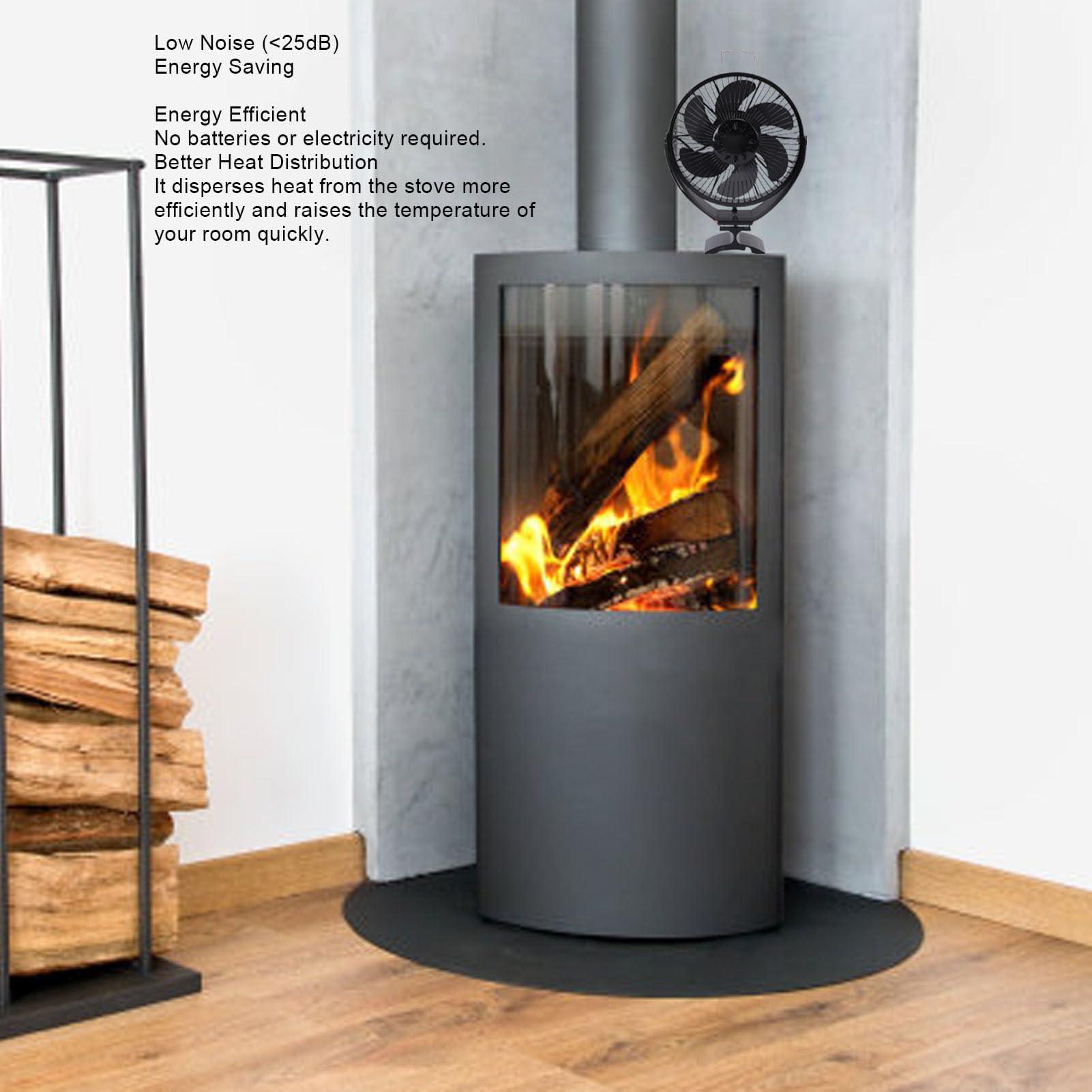 Aramox Ventilatore per Stufa a Legna Alimentato a Calore, Ventilatore per Camino, Regolabile, con Copertura Protettiva, Supporto a Parete Indipendente