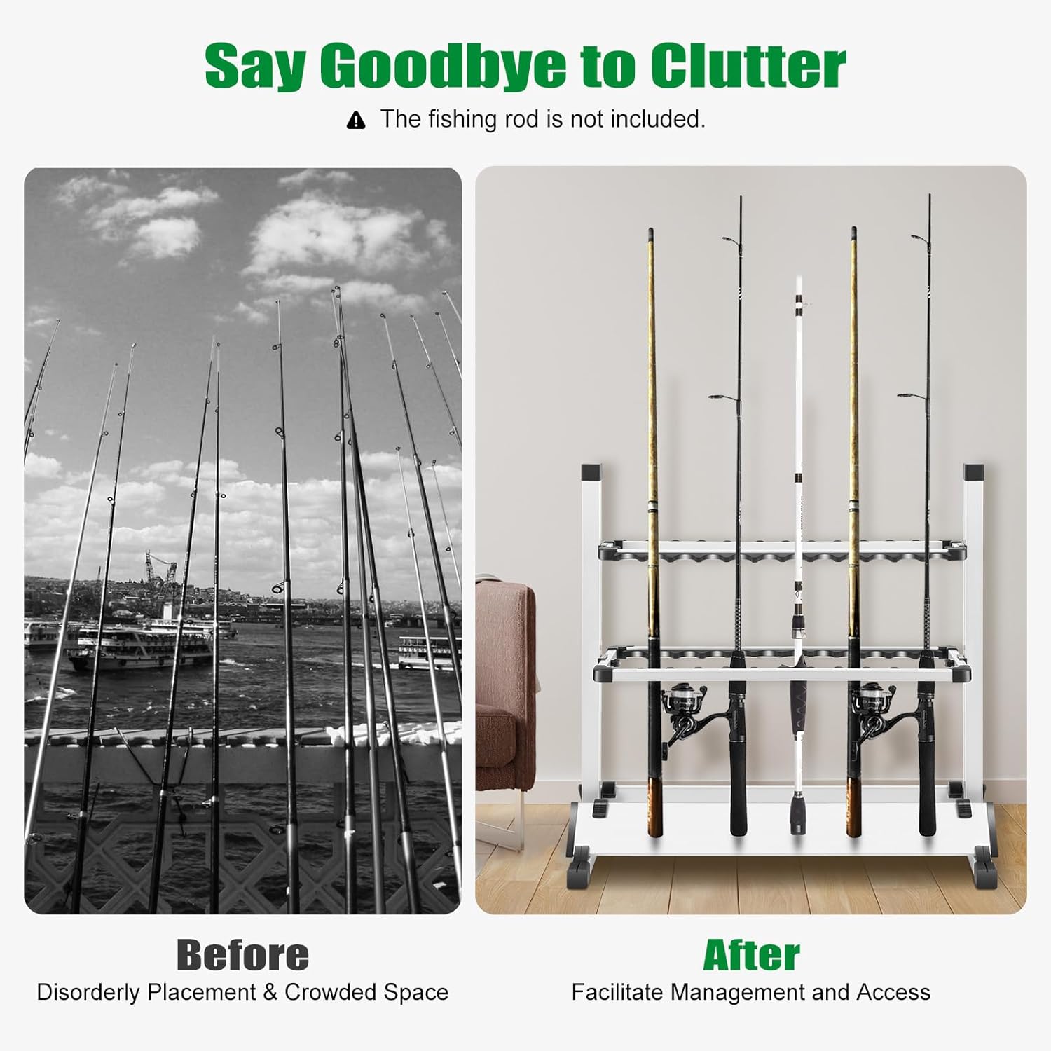 Before and After comparison of fishing rod storage