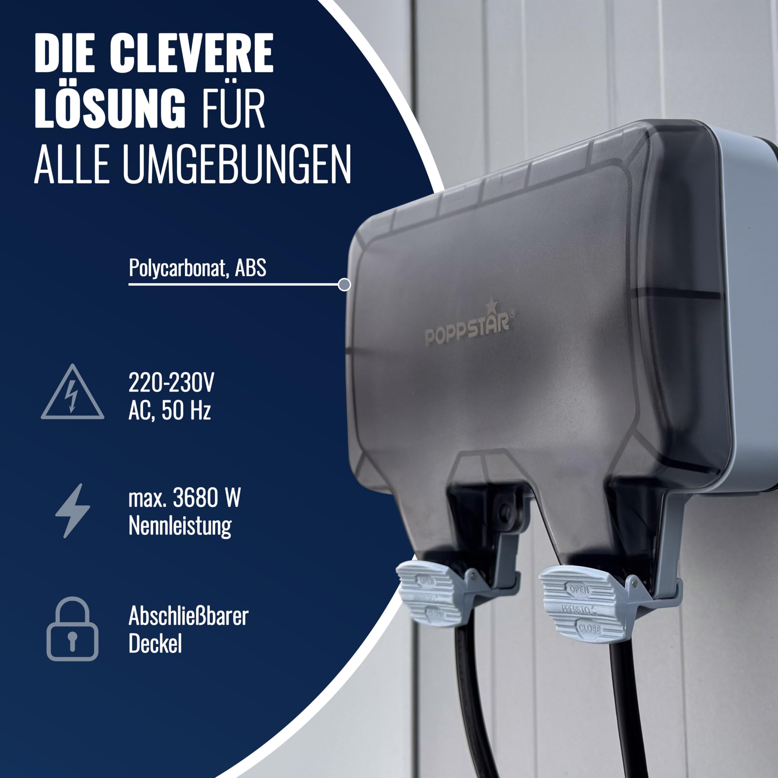 Poppstar wasserdichte, schaltbare Außensteckdose IP66 (2-fach Aufputz mit Klappdeckel, Aufputzsteckdose abschließbar), hellgrau