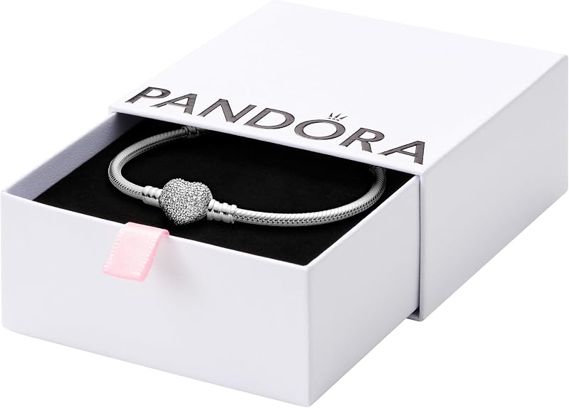 PANDORA Moments Sparkling Heart Clasp Snake Chain Bracelet - Compatible Moments Charms - Gift for Her