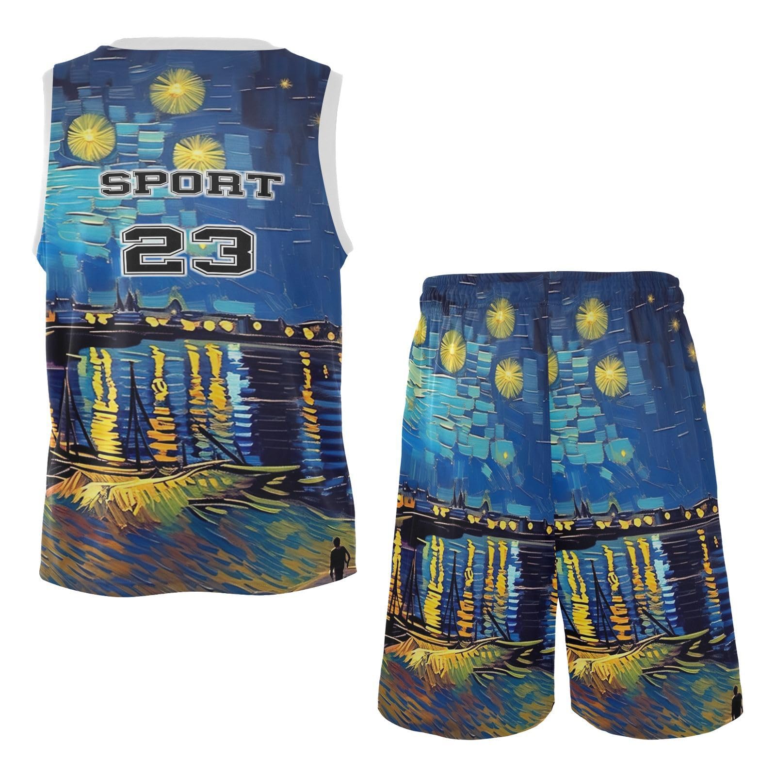 FLildon Starry Night Painting Boys Basketball Jersey Set Tank Top Shorts Tracksuit Sport Training Suit for Kids, M