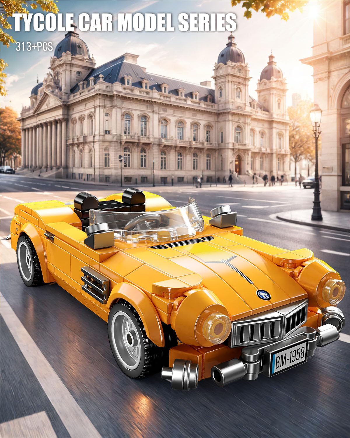 TGL TYCOLE Sports Car Building Block Set with Display Case, Race Car Building Kits Construction Toy,Vintage Racing Car Collection Model,Birthday Gift for Adults and Kids Boys 8-12(313pcs)