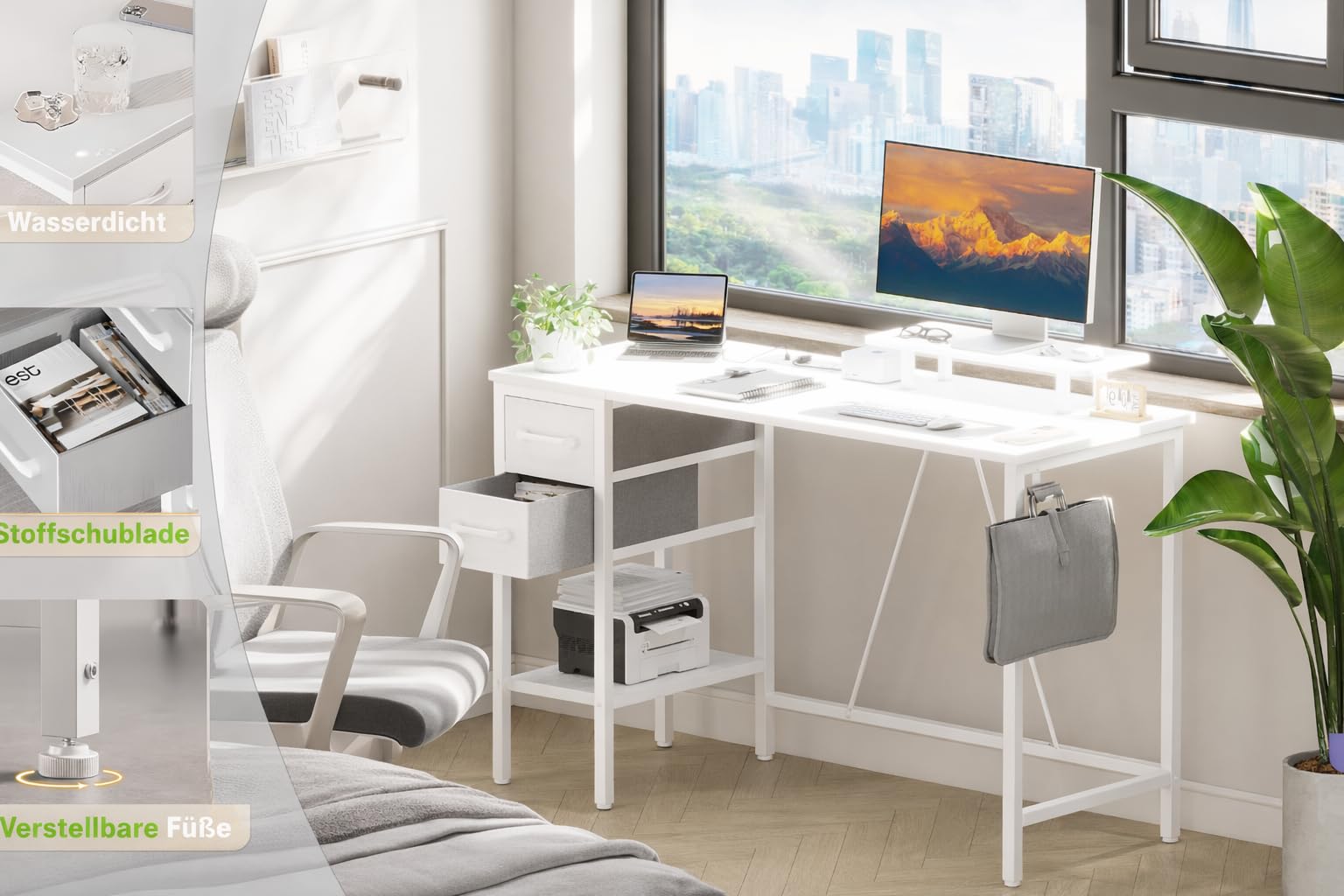 Bureau 100 x 50 cm avec 2 tiroirs et Support d'écran Amovible, Bureau d'ordinateur réversible avec Prises électriques pour Bureau à Domicile, Bureau d'étude ou Chambre à Coucher, Blanc