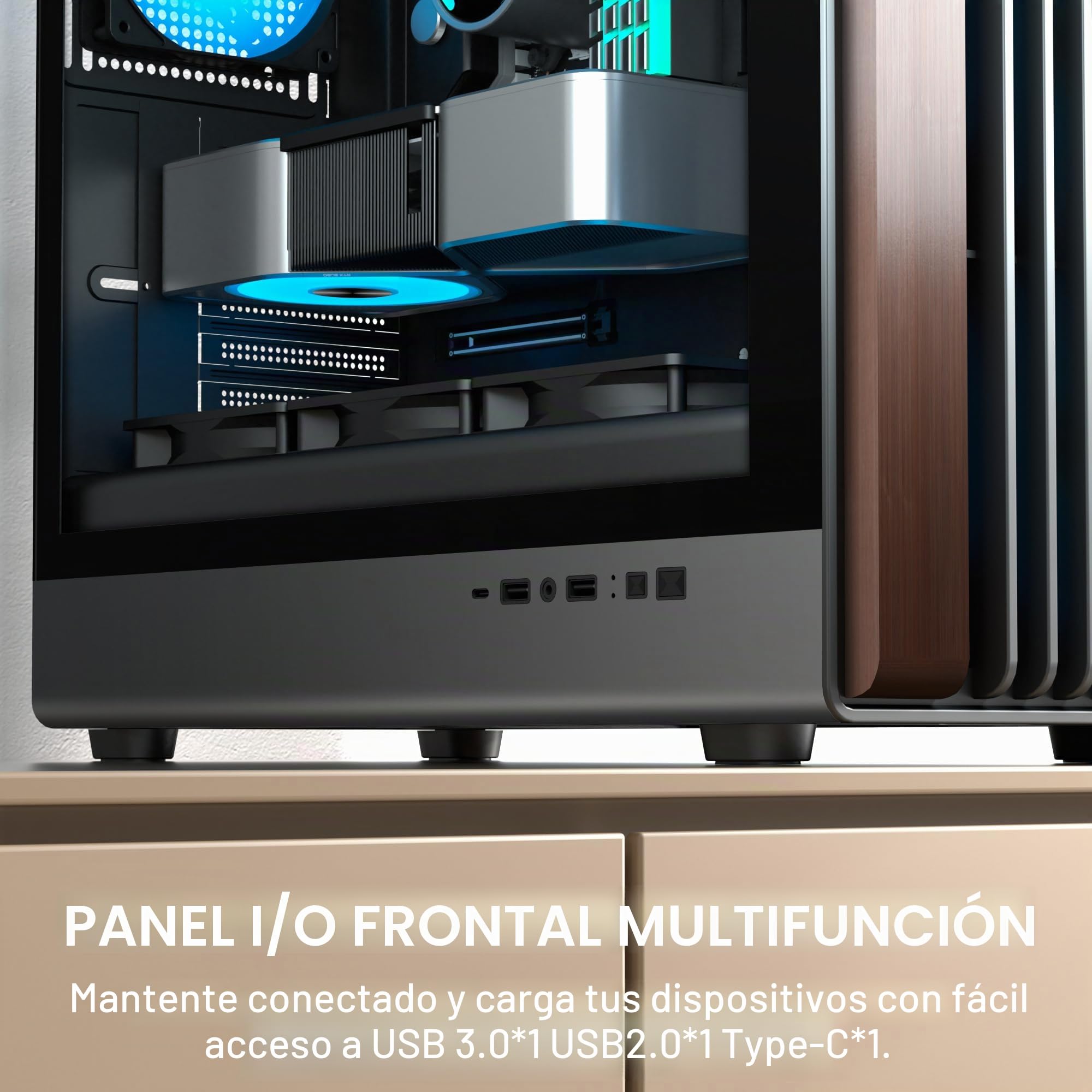 FOIFKIN M1 Caja PC - Panel Frontal de Nogal - 4 Ventiladores ARGB PWM preinstalados - Carcasa de PC ATX Mid-Tower para Juegos (Negro, M2)