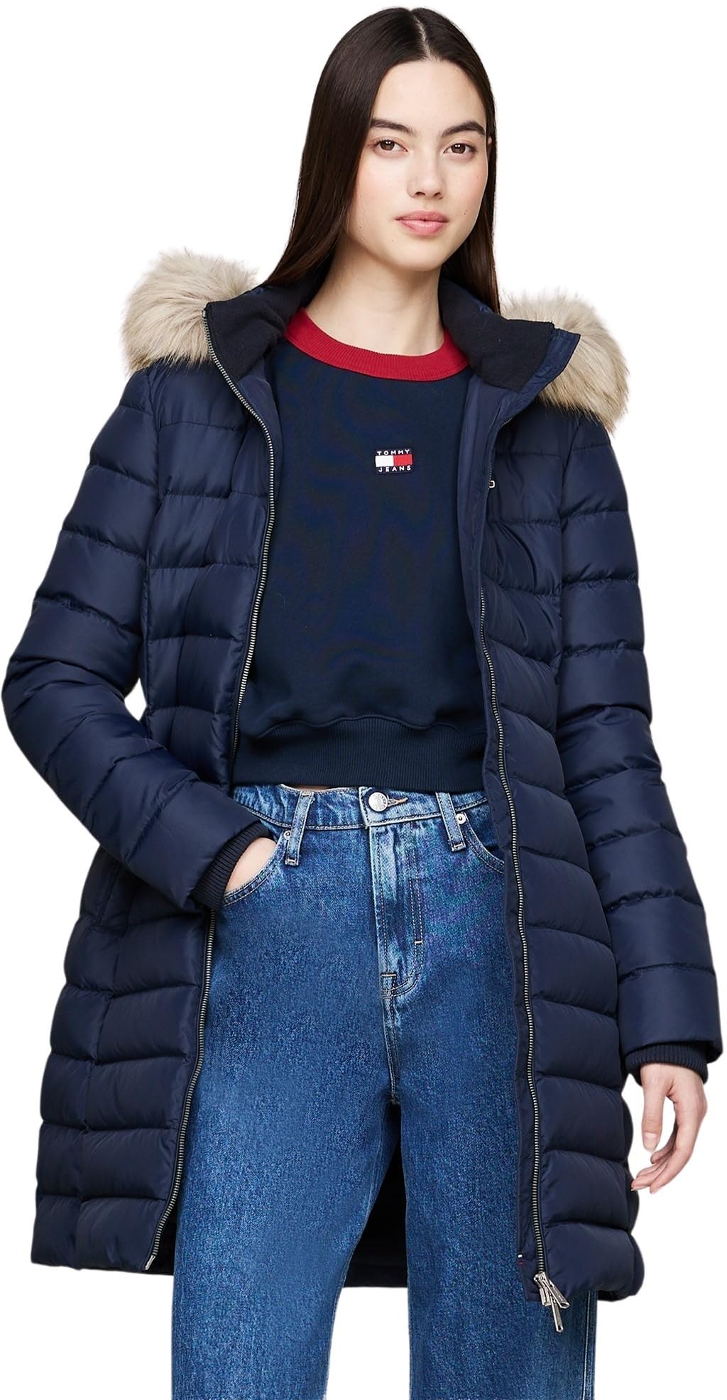 Tommy Jeans Tjw Essential Hooded Down Coat Dw0Dw18864, Coat Donna, Blu (Dark Night Navy), Xl - 4