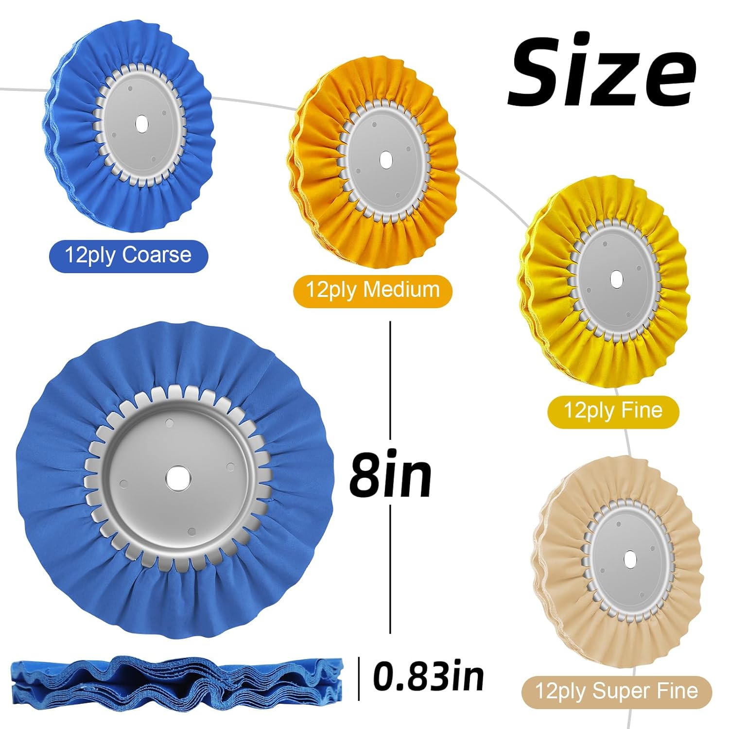 5/8” Arbor 8” 12Ply Airway Buffing Wheel Kit – 11Pcs Polishing Set for Aluminum & Stainless Steel – No Flange Needed – Gloves Included