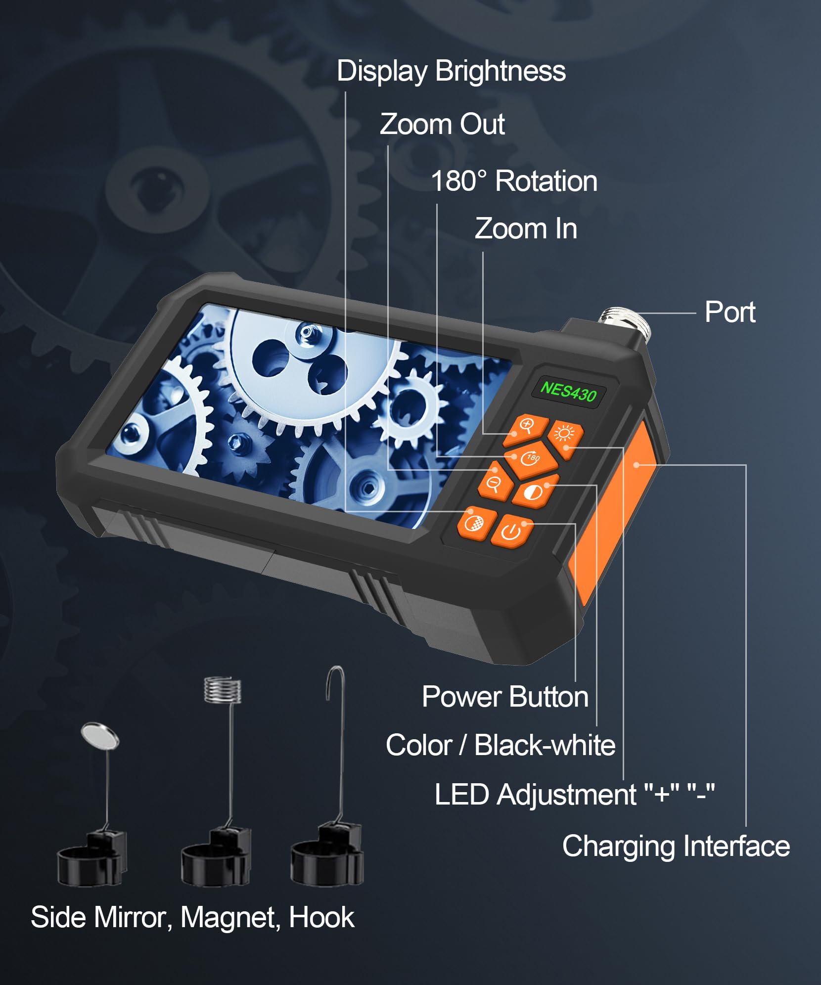 Cámara endoscopio industrial con luz, pantalla LCD de 4.3 pulgadas, cámara digital HD de mano, impermeable, cámara de inspección de alcantarillado con 8 luces LED, cable semirrígido de 16.5 pies