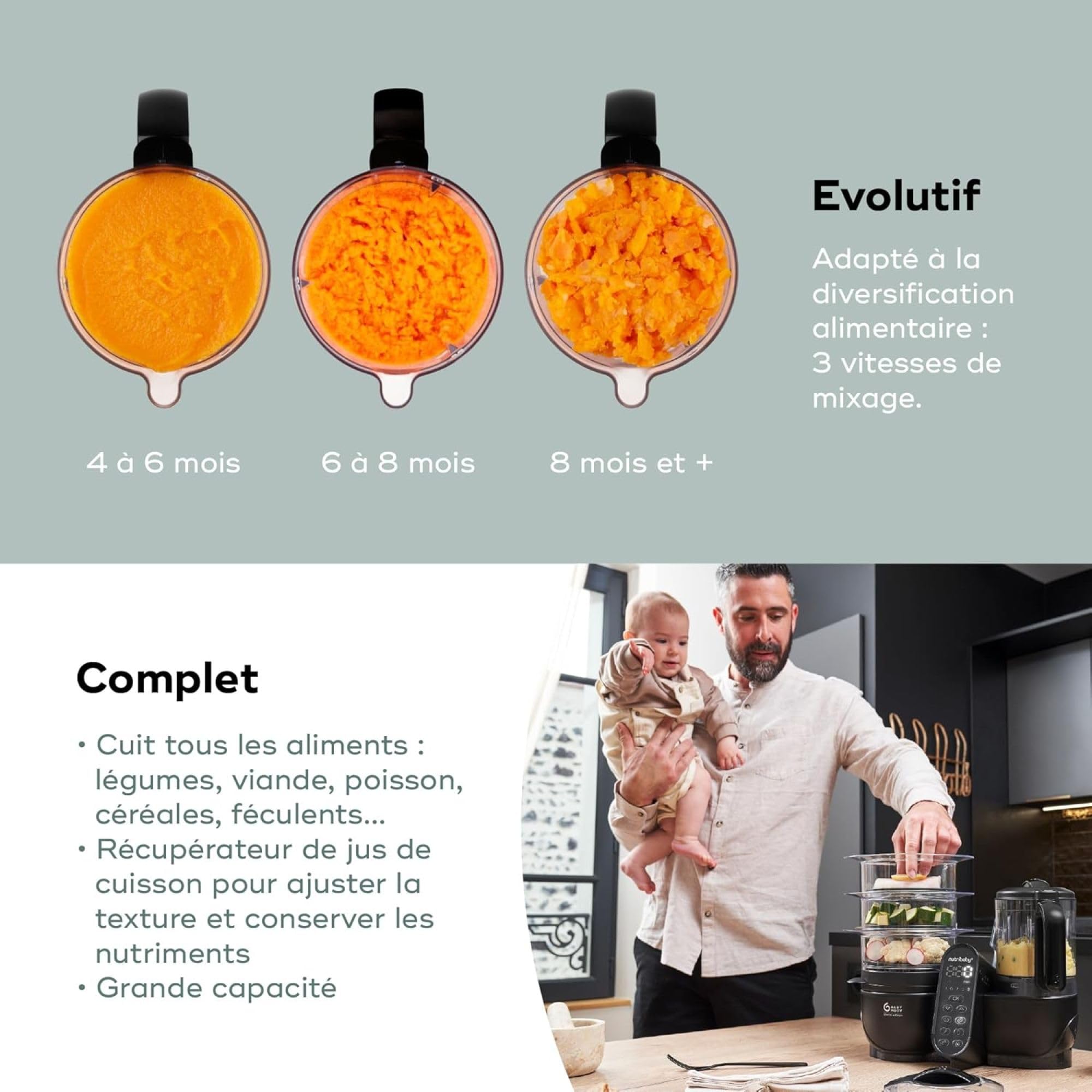 Babymoov Nutribaby (+) XL Robot Cooker, duża pojemność 2,9 l, do 14 posiłków w 1 cyklu, 6 funkcji w 1-2 koszach na parze - dywersyfikacja żywności - mikser dla niemowląt, czarny
