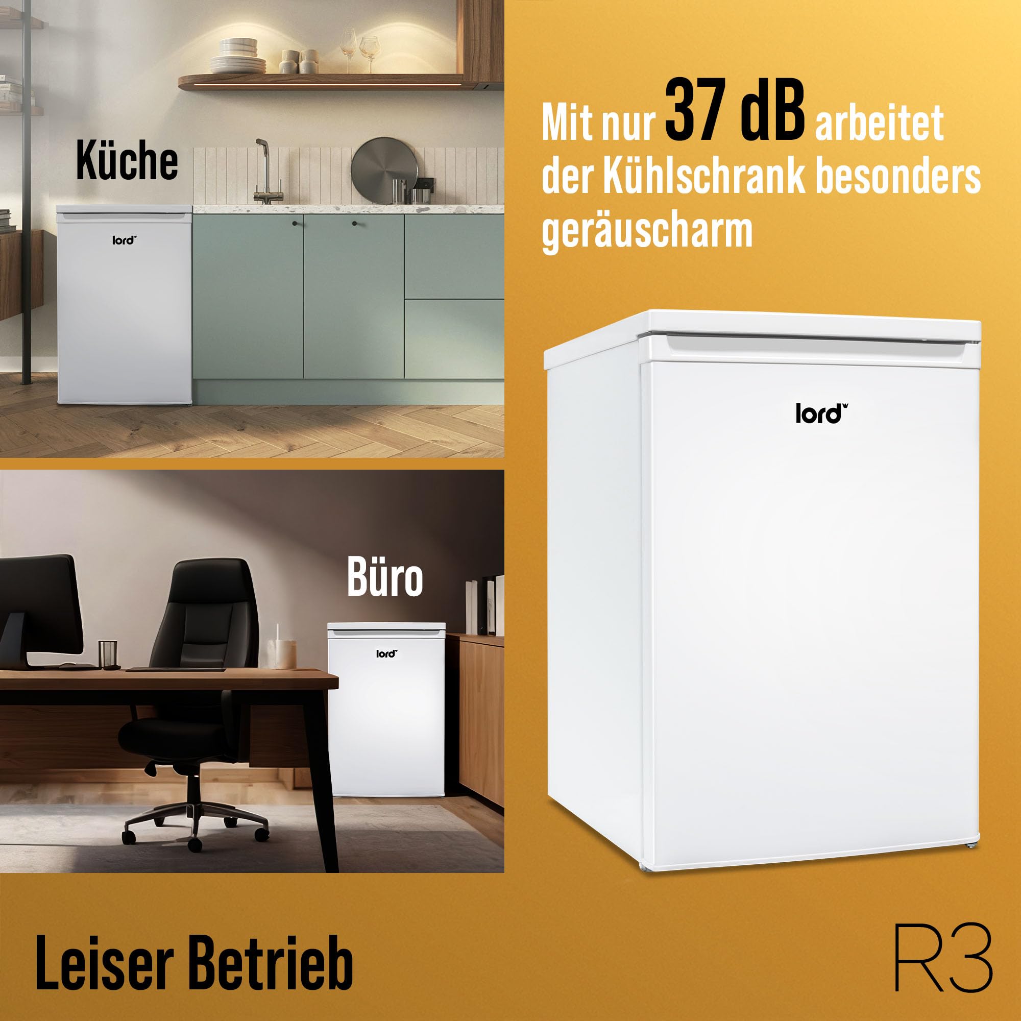 Lord R3 Kühlschrank mit Gefrierfach, 85 cm hoch, 109 L, Energieklasse D, leise 37 dB, freistehend - Mini Kühlschrank mit 14 L Gefrierfach, weiß