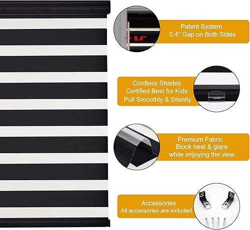 Miniatura 2 de Persilux Persianas estilo cebra sin cordones para ventanas (58 pulgadas de ancho x 72 pulgadas de alto, negro) enrollables, de doble capa con