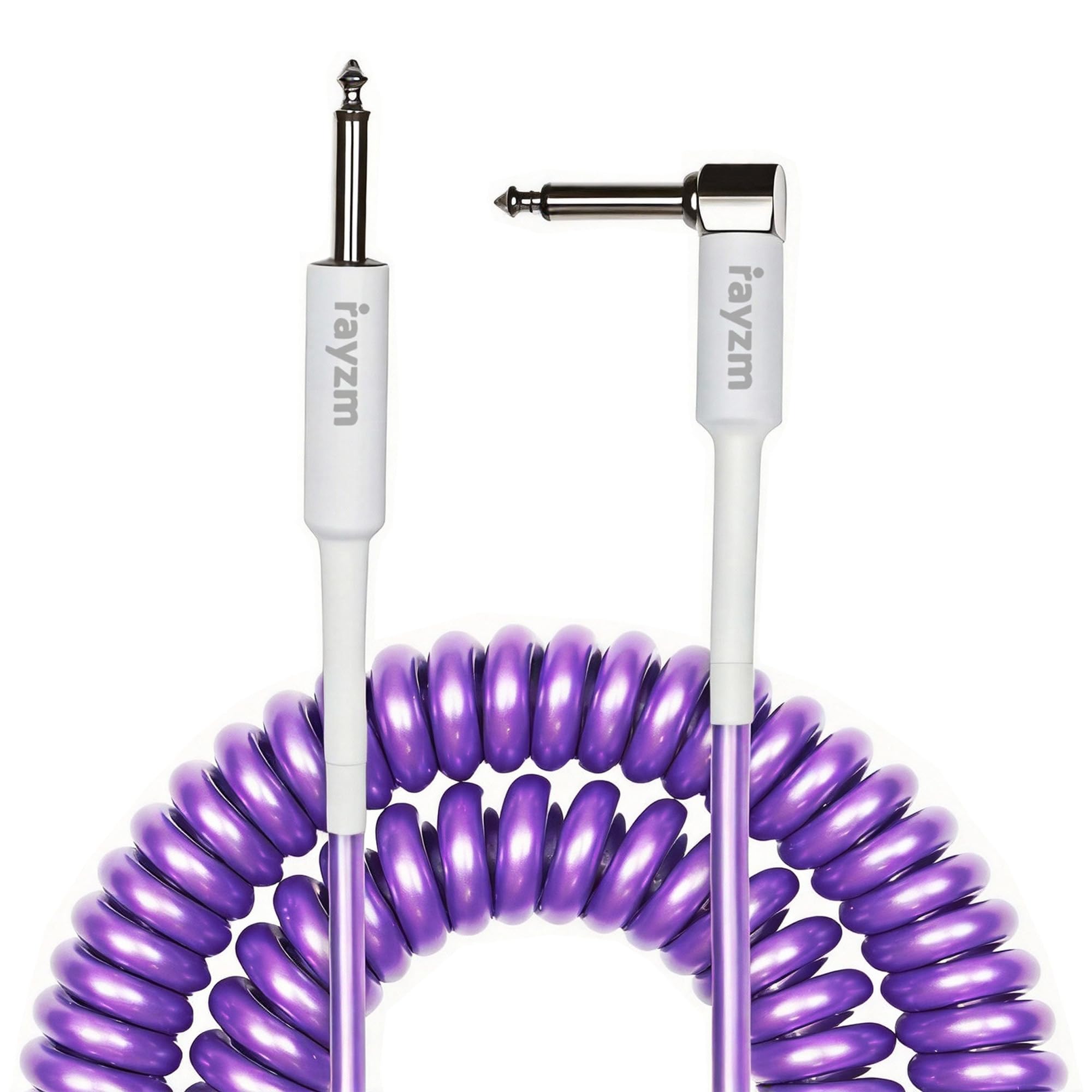 Rayzm Cable de Guitarra bobinado,Cable de Instrumento de 2 Metros en Espiral para Guitarra/Bajo, 6,35 mm Cable de Guitarra de Ángulo Recto (Púrpura)