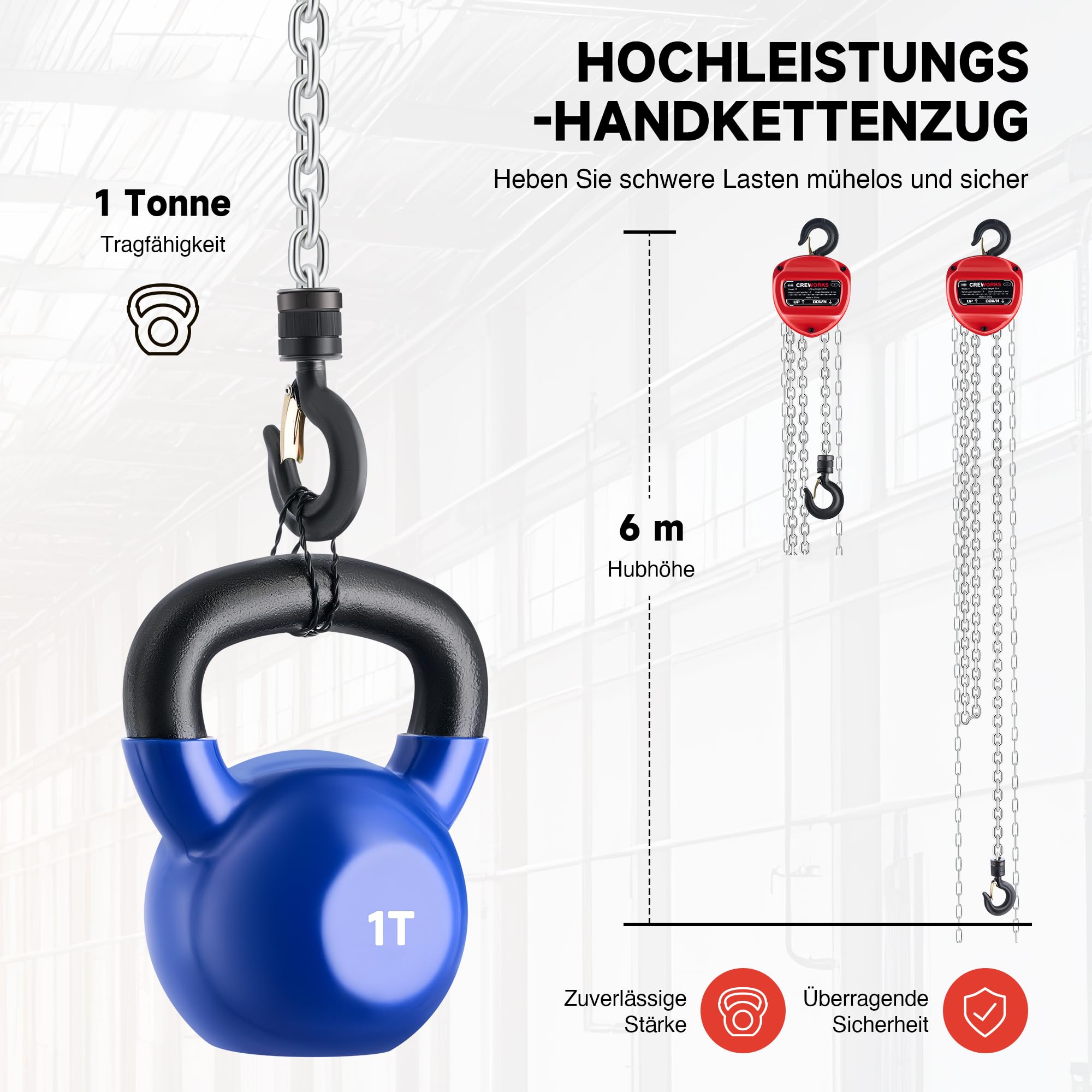 CREWORKS 1T Kettenzug Handseilwinde 6m Hubhöhe 1000kg Tragkraft G80-Lastkette Hebelzug Ratschenzug