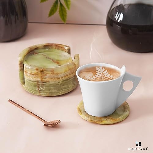 Miniatura 2 de Juego de 6 posavasos redondos de mármol de ónix verde de 3.5 pulgadas para bebidas con soporte, posavasos para mesa y decoración de mesa auxiliar,