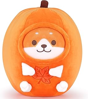 Halloween Shiba Inu Pumpkin Plush, 12" Pumpkin Corgi Dog Stuffed Animal Plushies with Autumn Leaf Decor, Kawaii Thanksgiving Fall Kids Plush Toy Pillow