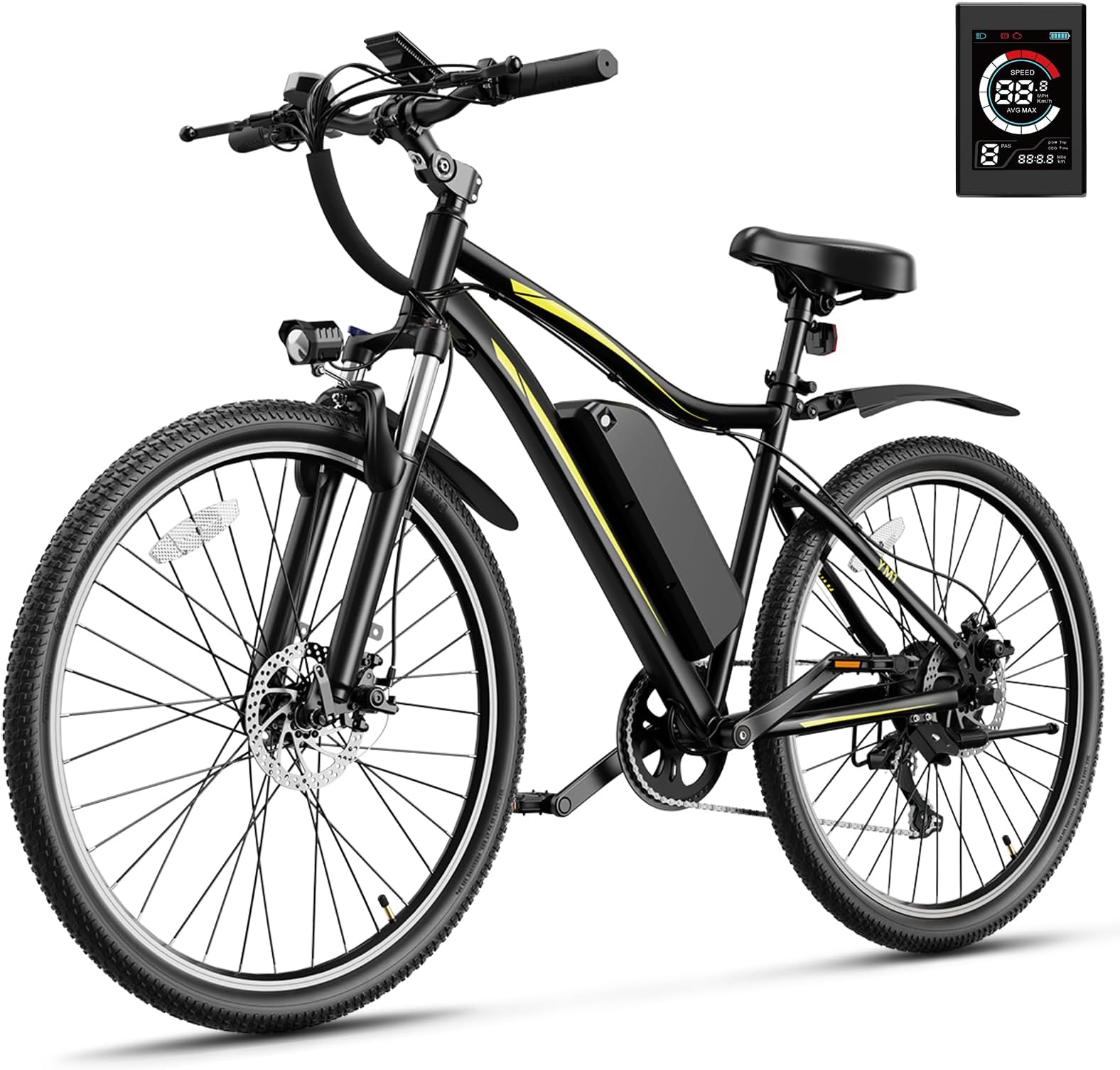 YM1 Electric Bike for Adults, 1200W Peak Brushless Motor, up to 50Miles, 28mph Max Speed Electric Mountain Bike, 480WH Removable Battery Ebike, 27.5'' Tires, 7-Speed and Front Suspension