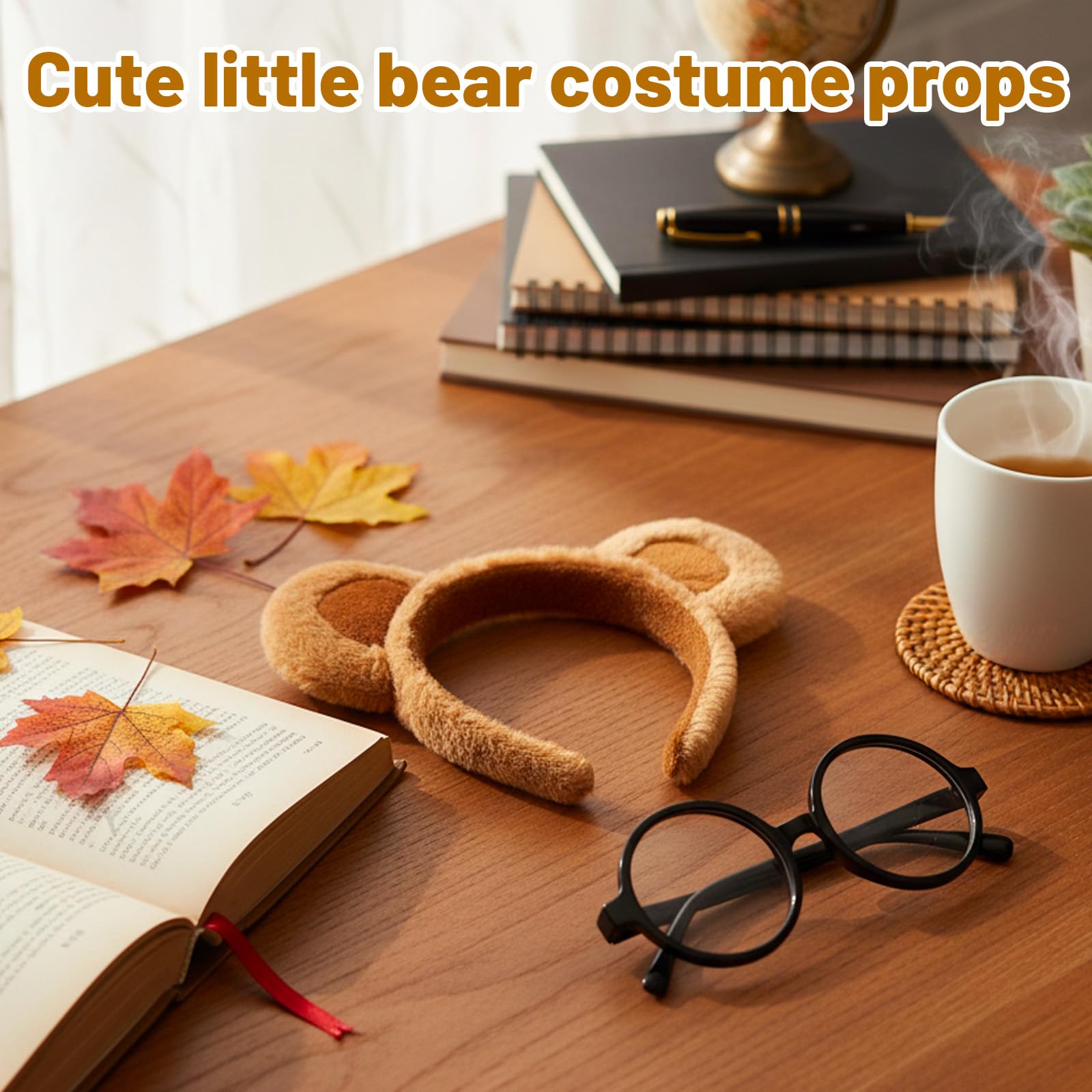 SrgPui 3 Pcs Bear Ears Headband+ 3 Pcs Black Round Frame Glasses, Plush Teddy Bear Party Hats - Image 4