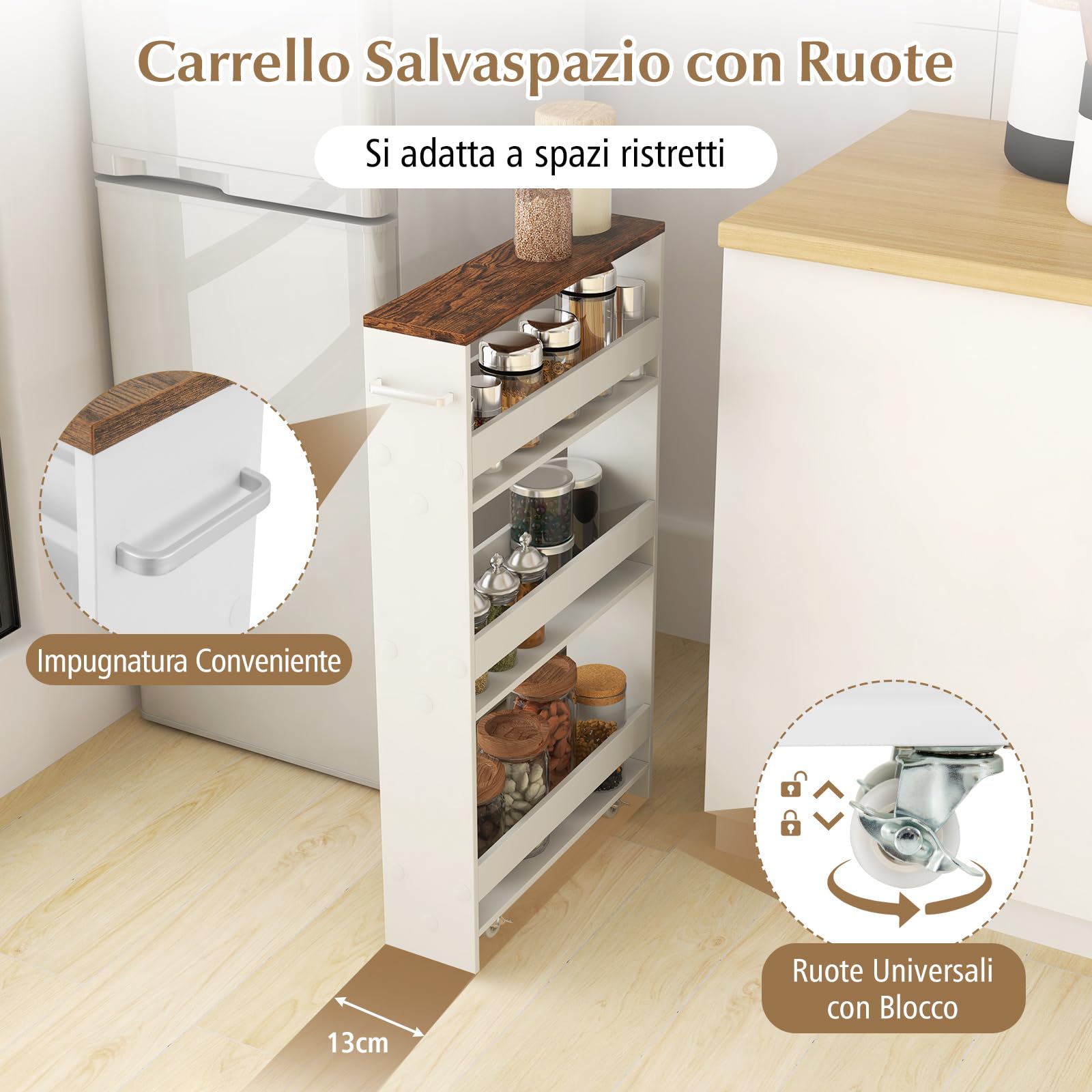 GYMAX Carrelli Portaoggetti a 4 Ripiani, Carrello con Ruote Salvaspazio con Maniglia, Carrello a Scaffale Slim Stretto in Legno per Cucina, Bagno, Lavanderia, 47,5 x 13 x 80,5 cm (Bianco+Marrone)