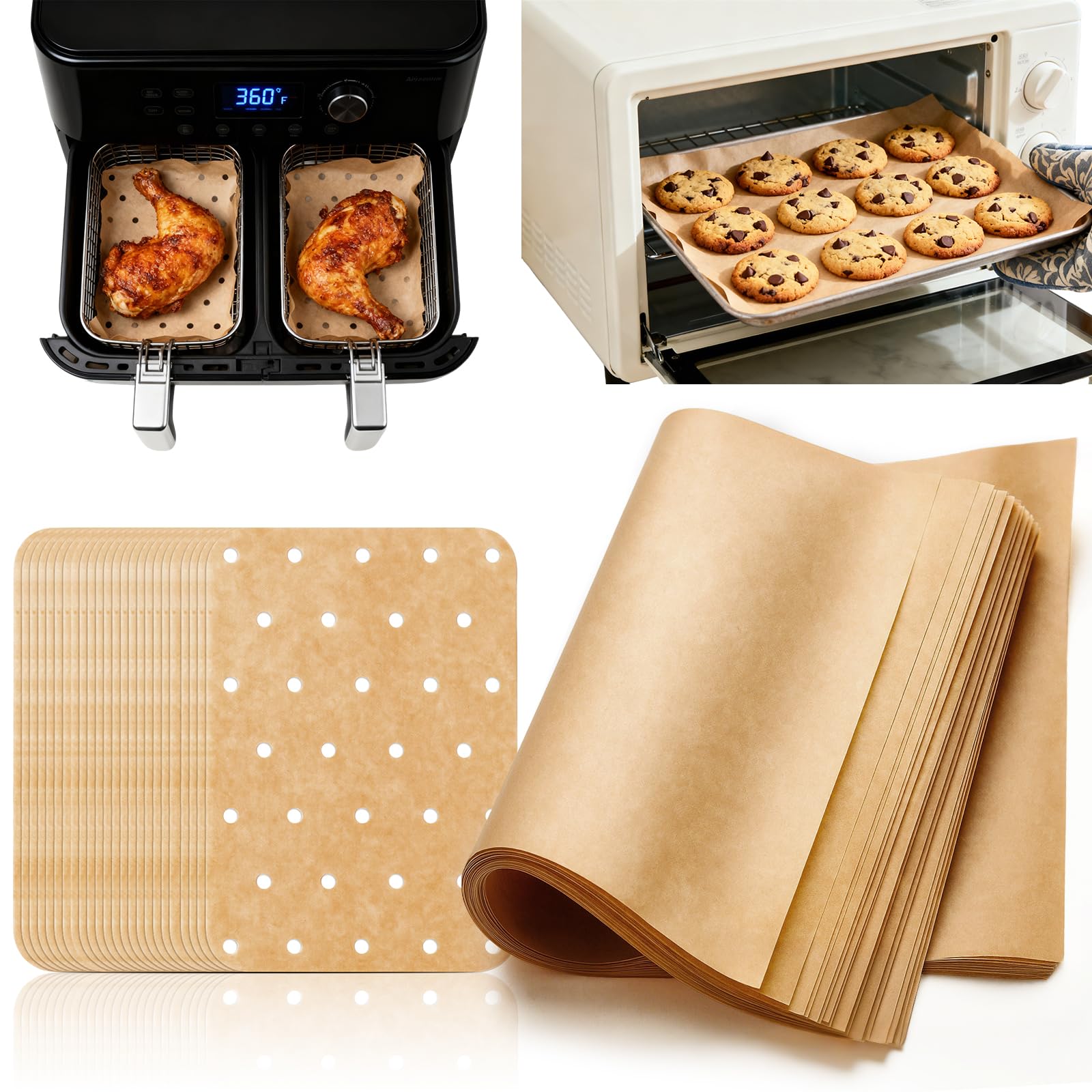 200 Hojas de Papel Air Fryer Rectangular, Dos Tamaños Papel Vegetal Horno, Sin Blanquear, Perforados, Antiadherentes Air Fryer Rectangular Para Hornear Cocinar Asar（23×33cm)（14×20.5cm）