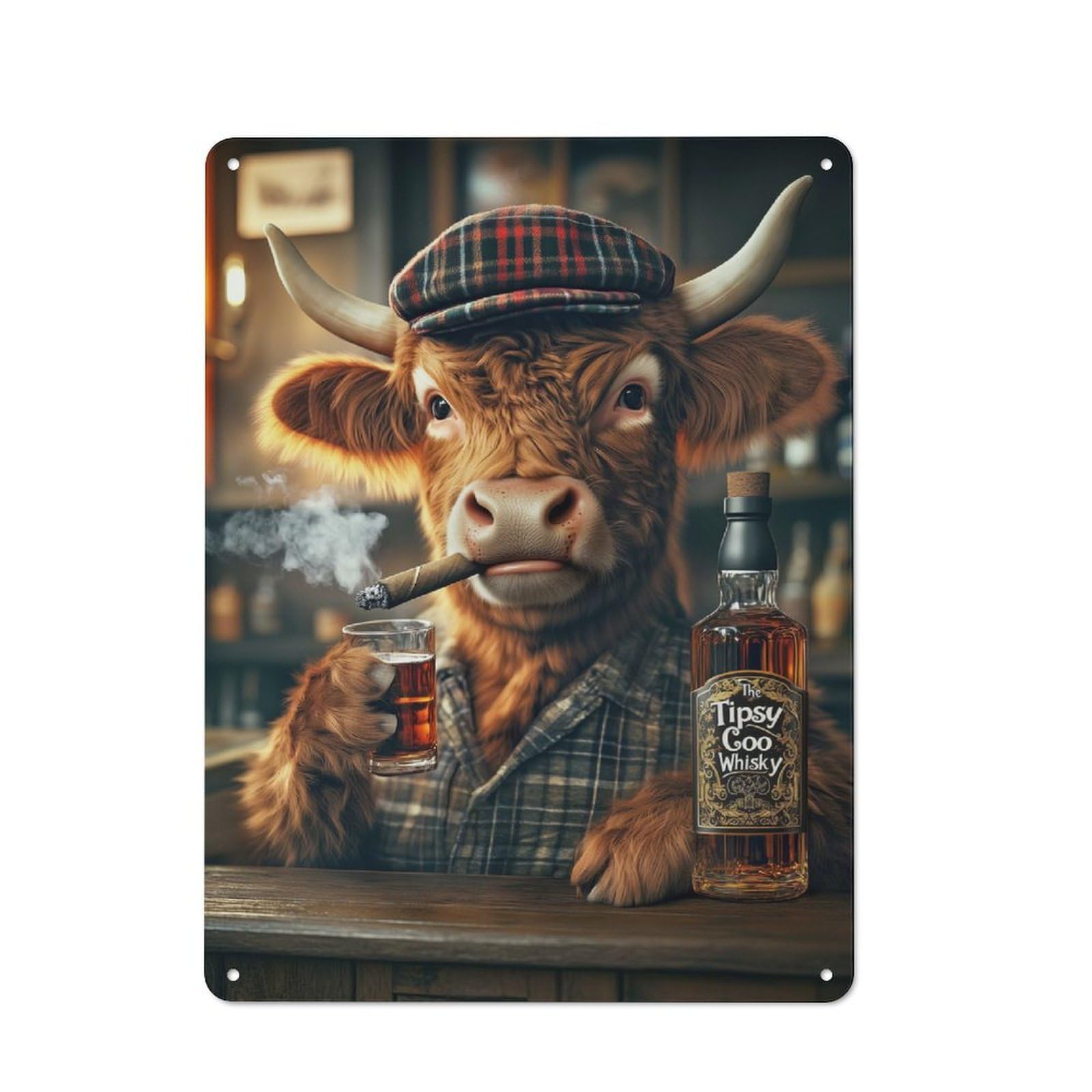 Highland Cow in The Pub Cottage Style Metal Wall Decor 40x30cm, Tin Wall Plaque for Kitchen, Cottage, Porch Or Garden Room