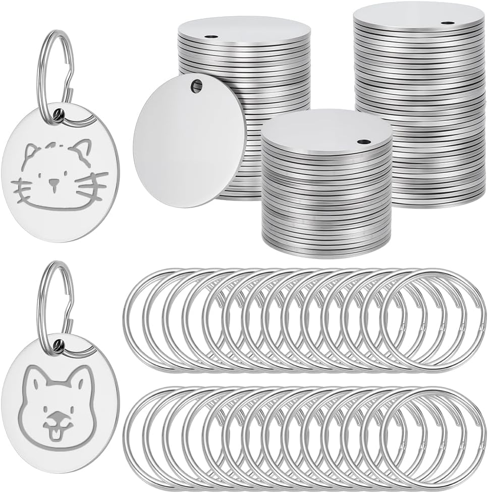 PH PandaHall 100pcs Metal Stamping Blanks, Flat Round Stainless Steel Blank with Key Rings Blank Dog Tags with Hole for Engraving Earring Chain Charms Jewelry Keychain Craft Making, 1.18inch