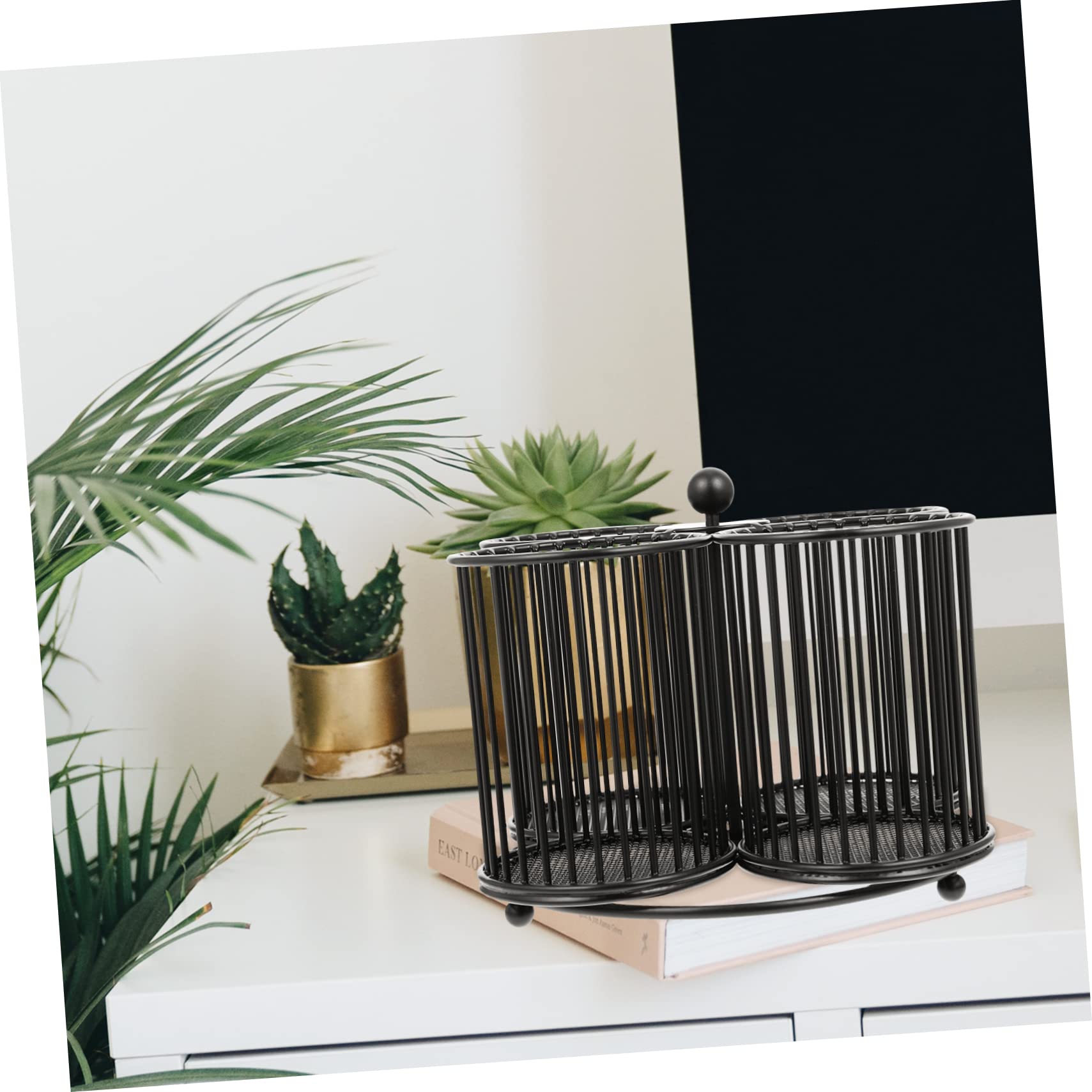 Tofficu Drehbarer Stiftehalter aus Eisen in Schwarz für Schreibtisch | Vier Fächer, Handliches Griffgefühl, Einzigartiges Design, als Organizer für Stifte und Pinsel