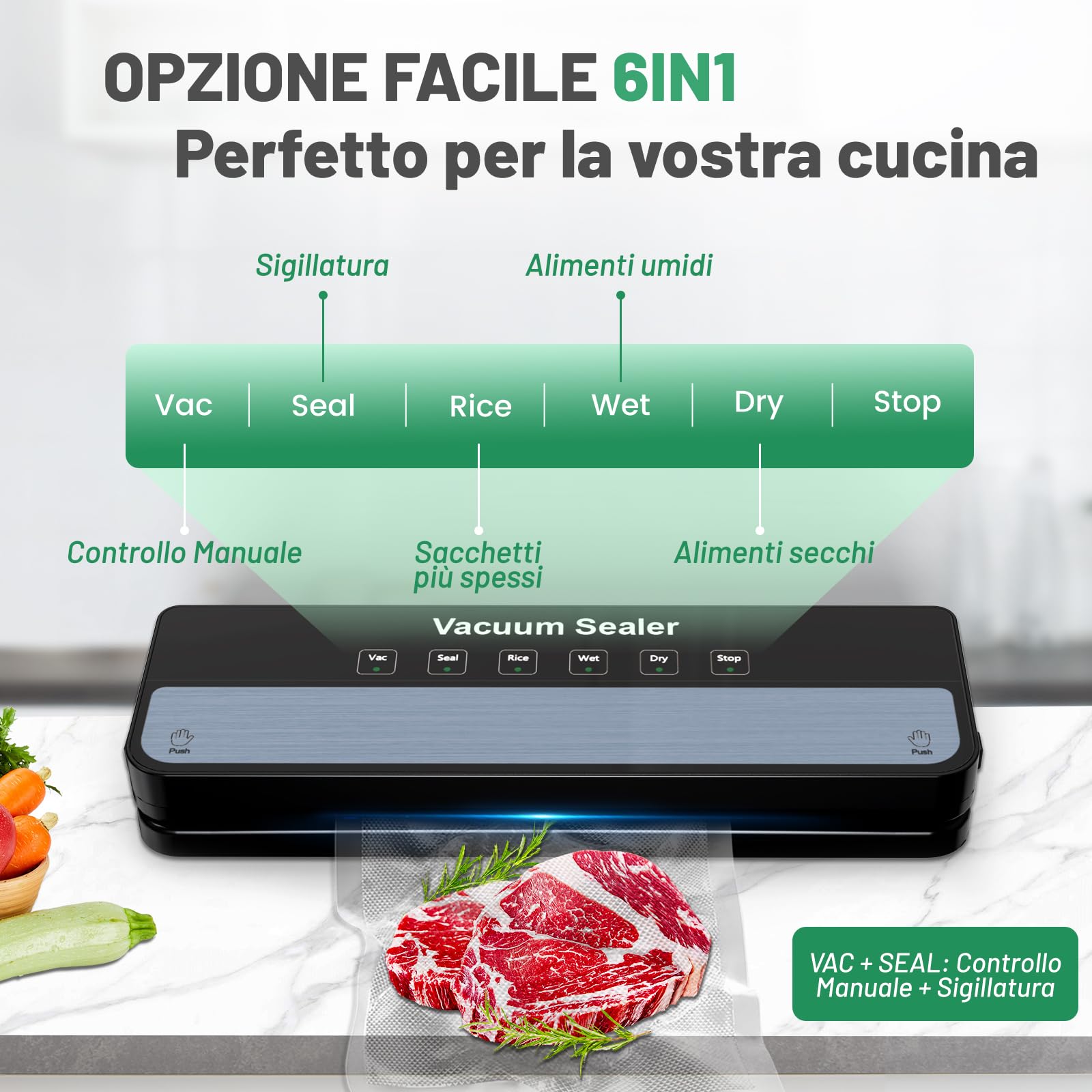Raycial Macchina Per Sottovuoto con Sacchetti Sottovuoto, Macchina per Sottovuoto 5 in 1, per Asciutto, Umidità, Fresco, Saldatrice Per Alimenti, Sigillatrice Compatta E Completamente Automatic
