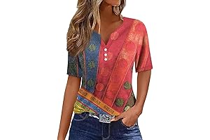 Chic Henley V Neck Short Sleeve Tees For Women