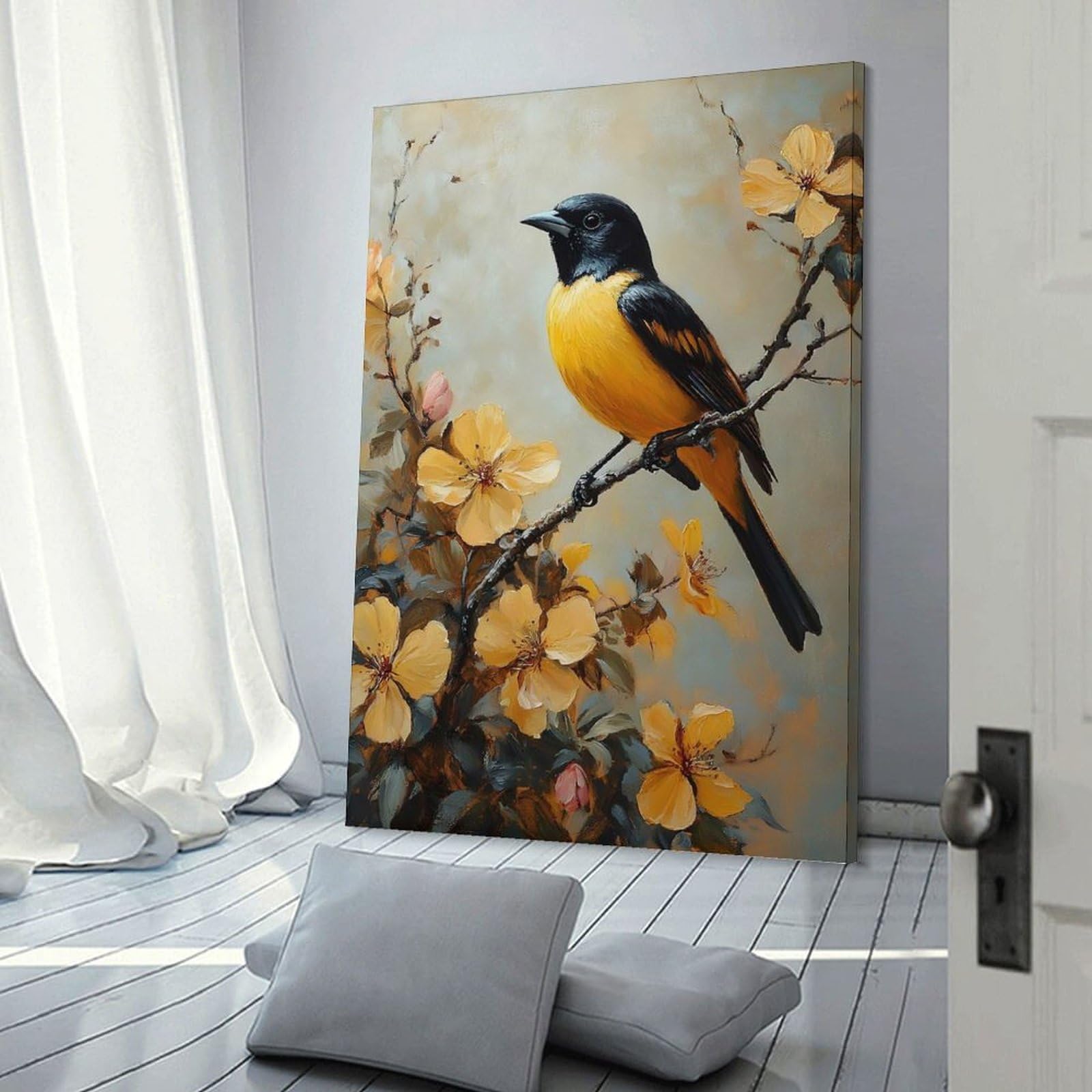 Junmoney Frame-Style-2 Decorative Wall Artwork Oriole Bird On A Branch With Flowers, 24X36inch(60X90cm), For New Homes, Bedrooms Or Workspaces, Canvas Artwork With Gifting Potential