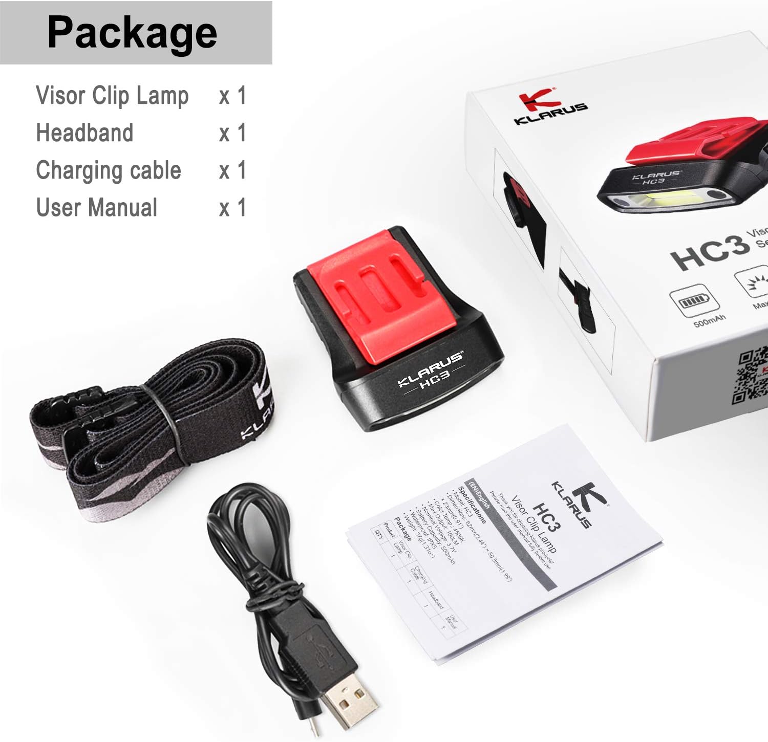 klarus HC3 2pcs Rechargeable Motion Sensor Cap Visor Light - 100 Lumens COB LED Clip on Hat Light - Headlamp Flashlight with Red Light for Fishing Running Camping Reading