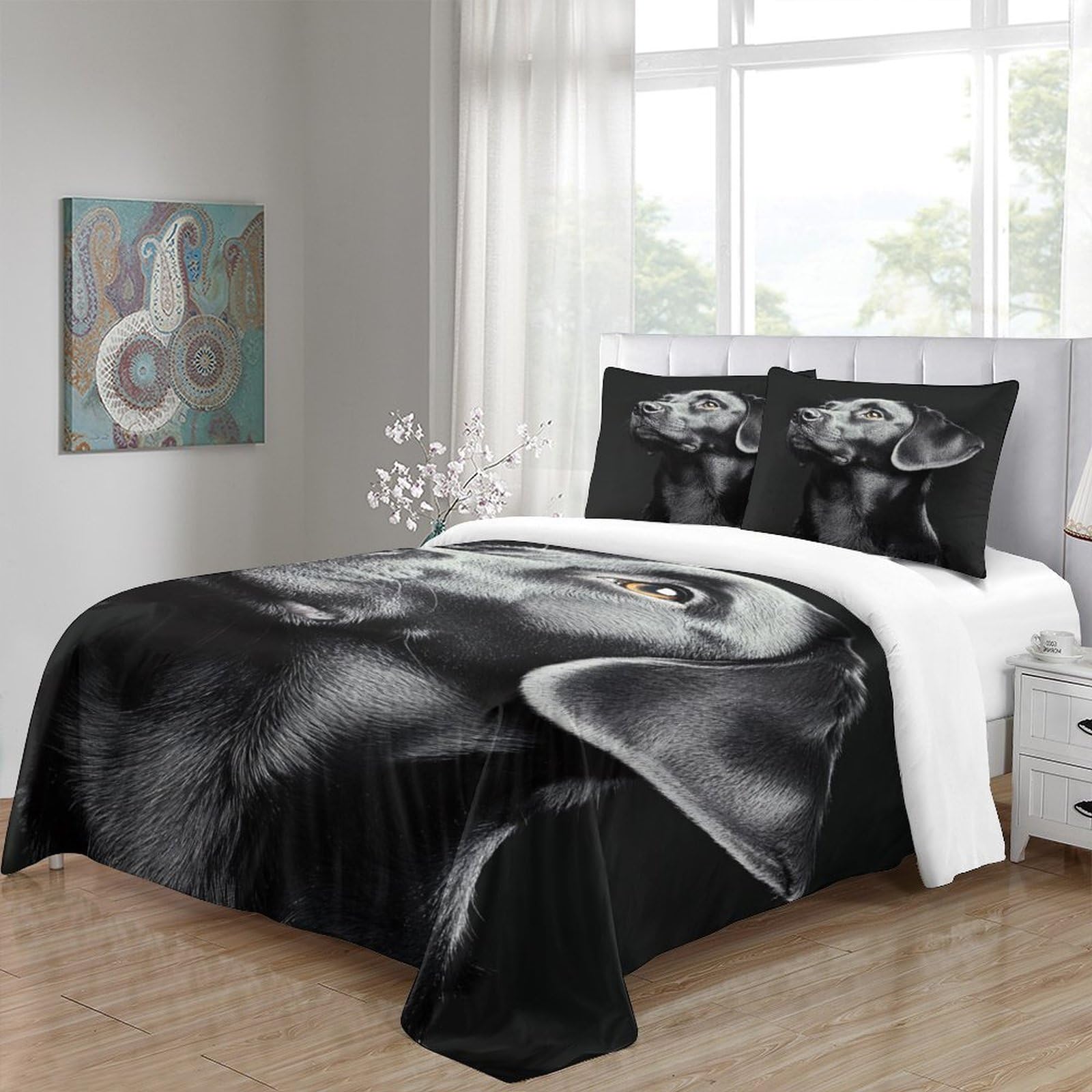 Black Hundeporträt 3-teiliges Reines Polyester realistische Tierkunst Bettbezug, Versteckter Reißverschluss, Krippenbettwäsche, Babysicher & Pflegeleicht King（220x240cm）