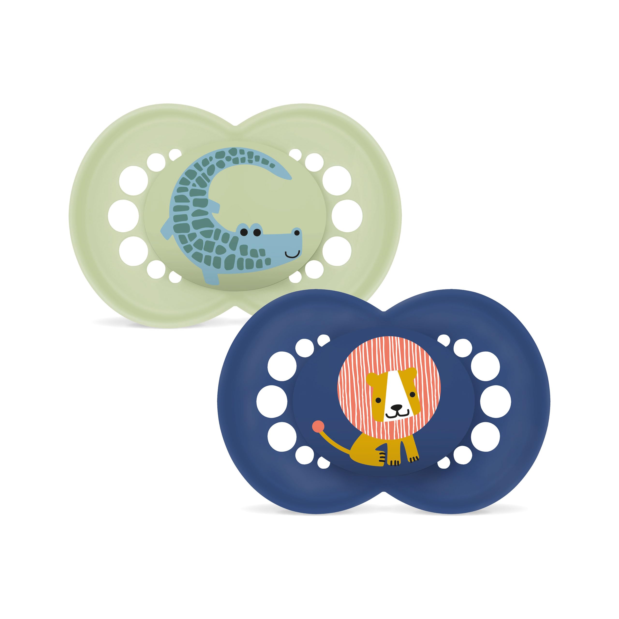 MAM Original Schnuller | 6-16 Monate | 94% Akzeptanz | stillfreundlicher Babyschnuller | von Hebammen empfohlen | zahnfreundlich | SkinSoft Silikon | Krokodil/Löwe | 2 Stück