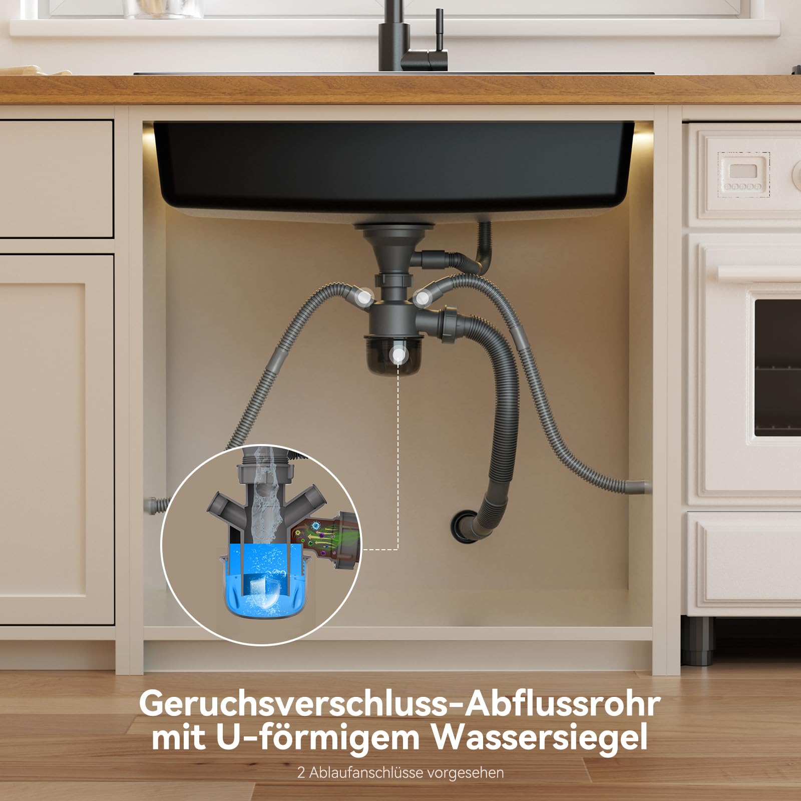 Waschbecken Küche Schwarz 70x46 cm Set, Armatur für 80 cm Unterschrank | Abtropfkorb, Quarzkomposit, 12 mm Bodendicke zur Geräuschreduzierung, Geruchsverschluss, Ausschnittsmaß 68 x 44 cm