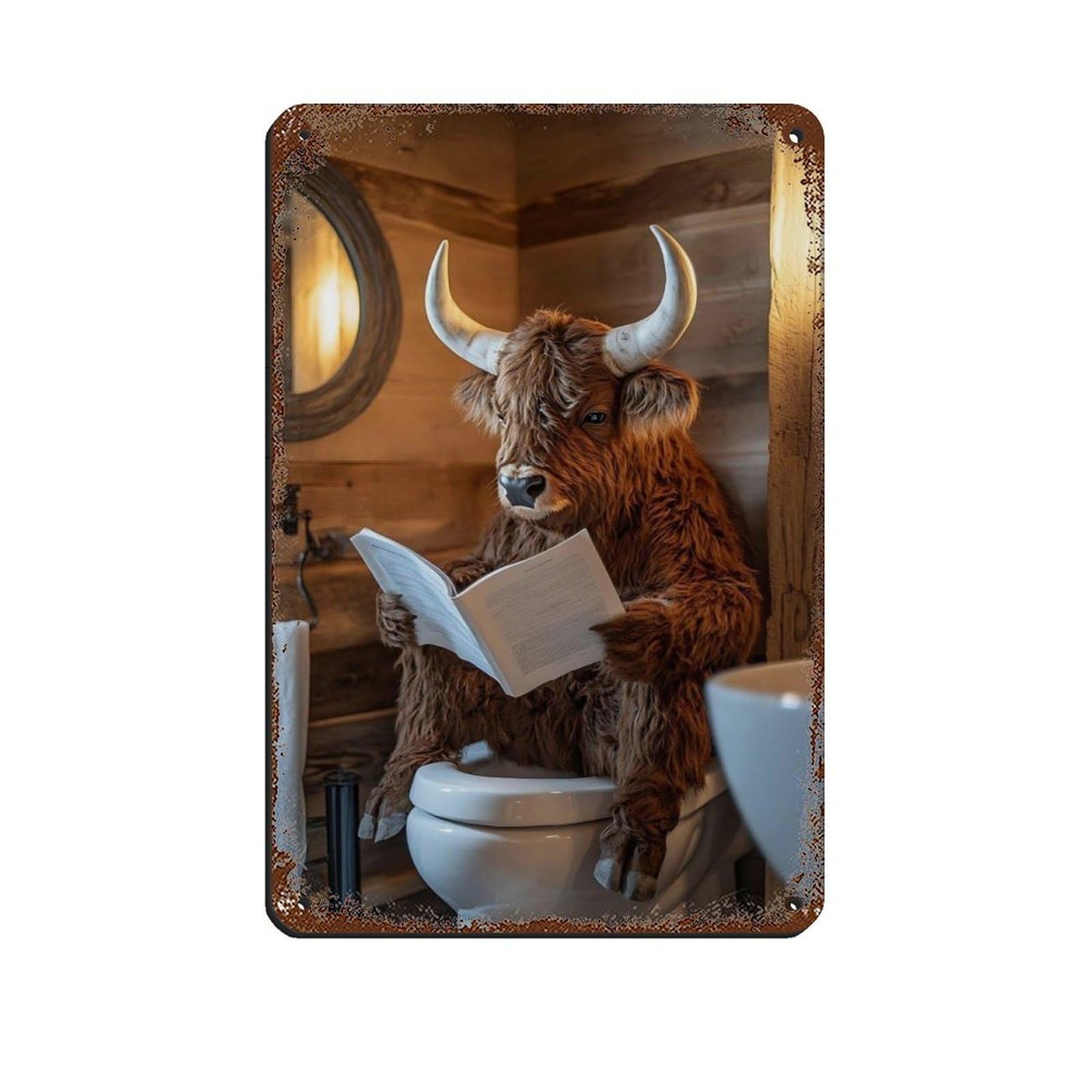 Lxwnze 20L X 30W Cm Highland Cow Reading In Bathroom Tin Sign Vintage Metal Pub Club Cafe Bar Home Wall Art Decoration Poster Retro 8X12inch(20X30cm)