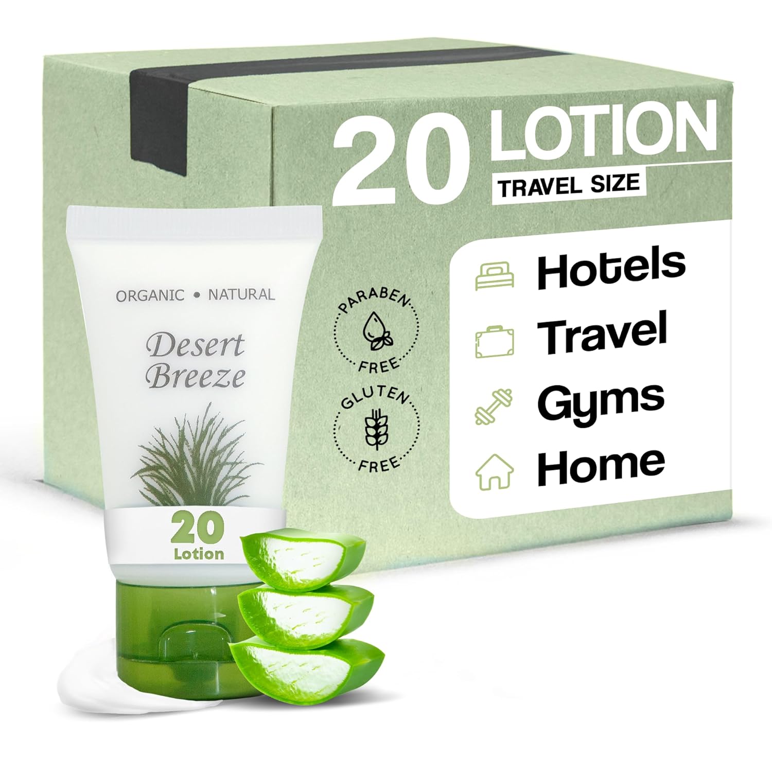 Travel Size Hotel Lotion 20 Count 1 oz Bottles Guest Amenities for Vacation Rentals and Short Term Rentals Paraben Free Green Tea & Lemongrass Scent Infused with Aloe and Olive Oil by Desert Breeze