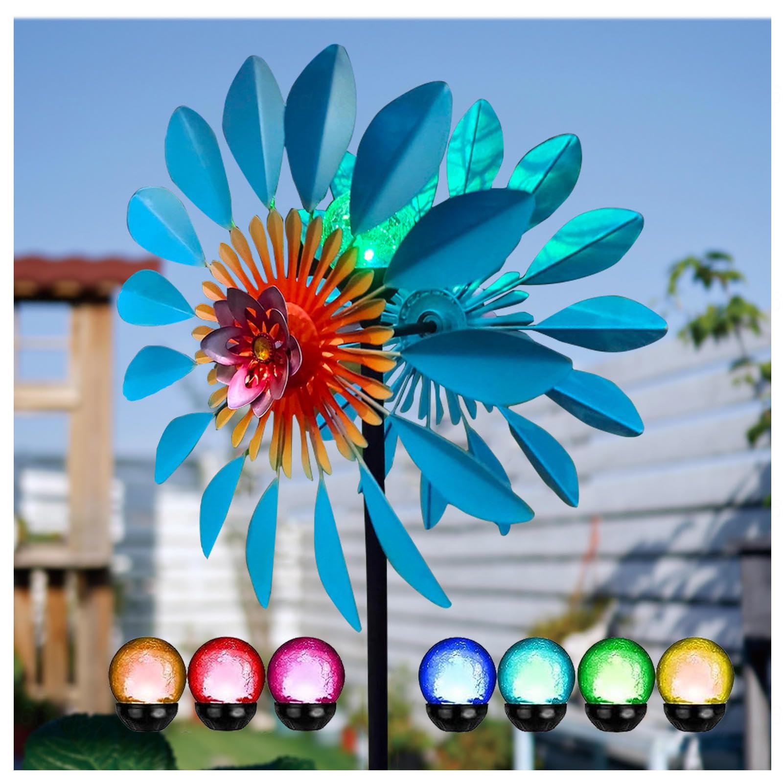 Girandole A Vento Da Cantiere, Scultura Del Vento 190x42cm,Sfera Di Vetro Ad Energia Solare Con Cinetica Filatori Del Cantiere Eolico,Blue