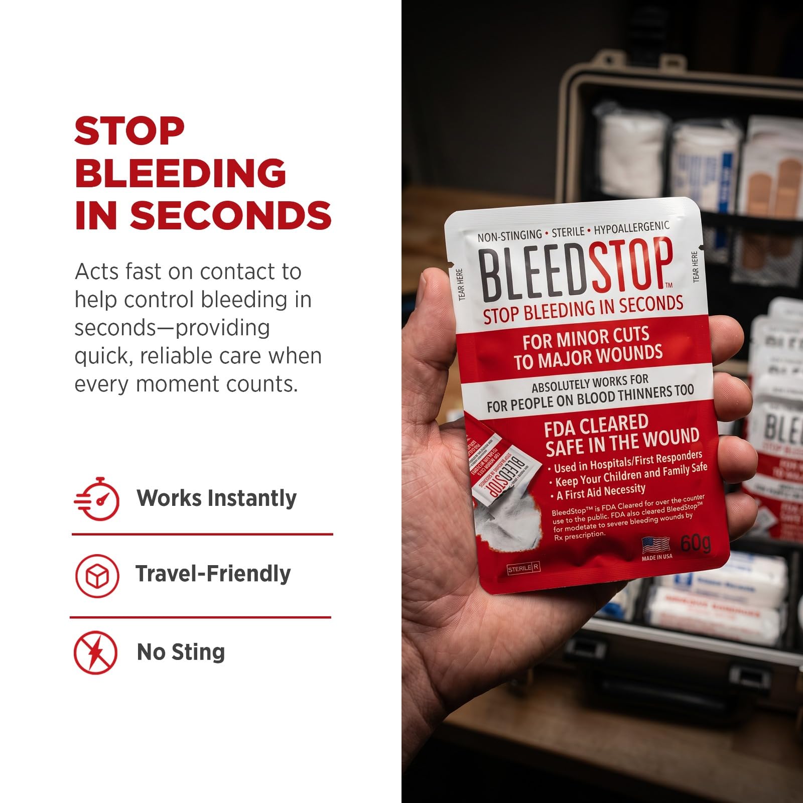 BleedStop™ Polvo de primeros auxilios para coagulación sanguínea, kit de trauma, pacientes con adelgazamiento de la sangre, equipo de seguridad y supervivencia para heridas hemorragias nasales
