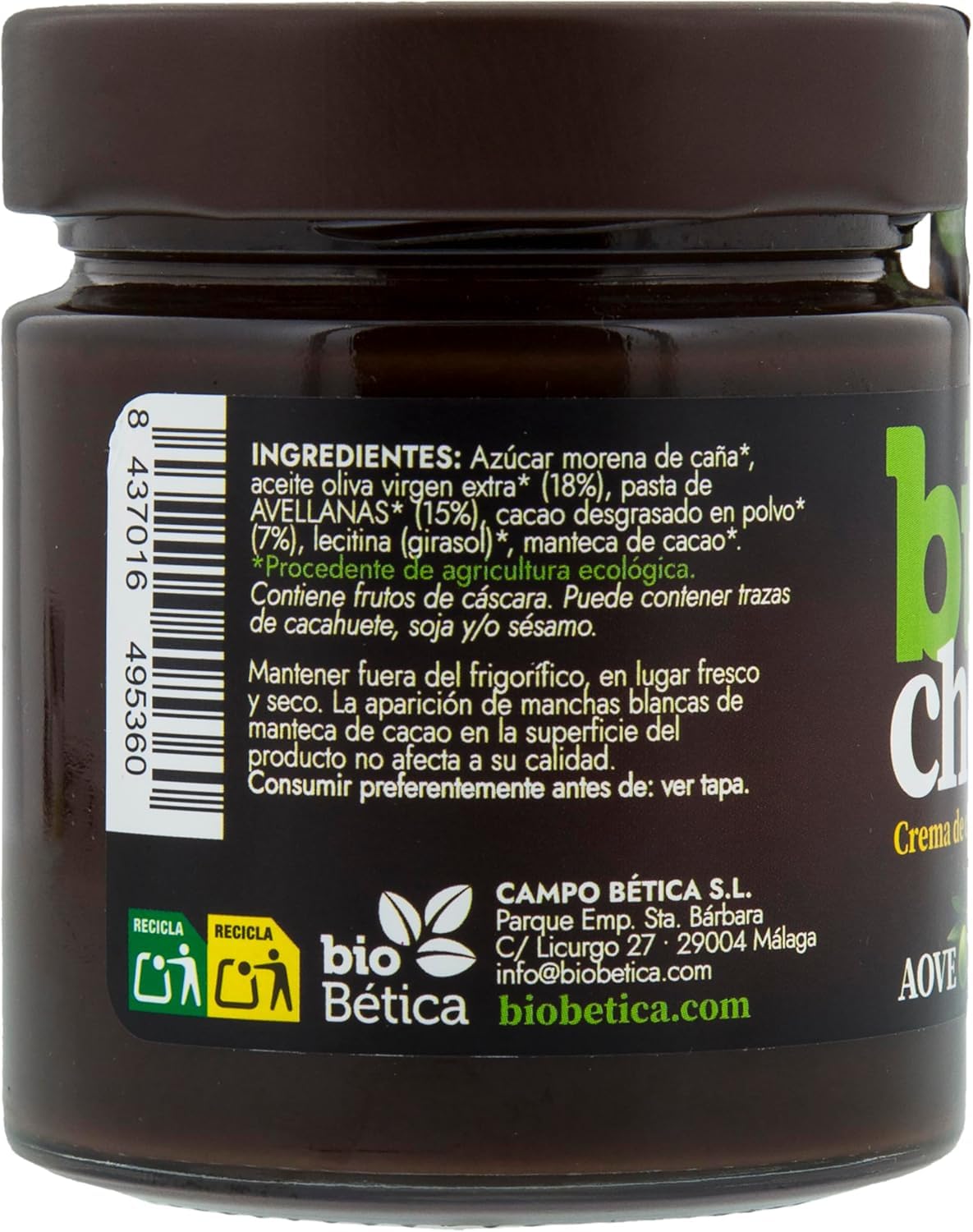Biochoc - Avellana - Crema de cacao con Aceite de Oliva Virgen Extra Ecológico - 100% Ecológica - Sin gluten, Sin leche, Sin frutos secos - 200gr (Pack 5)