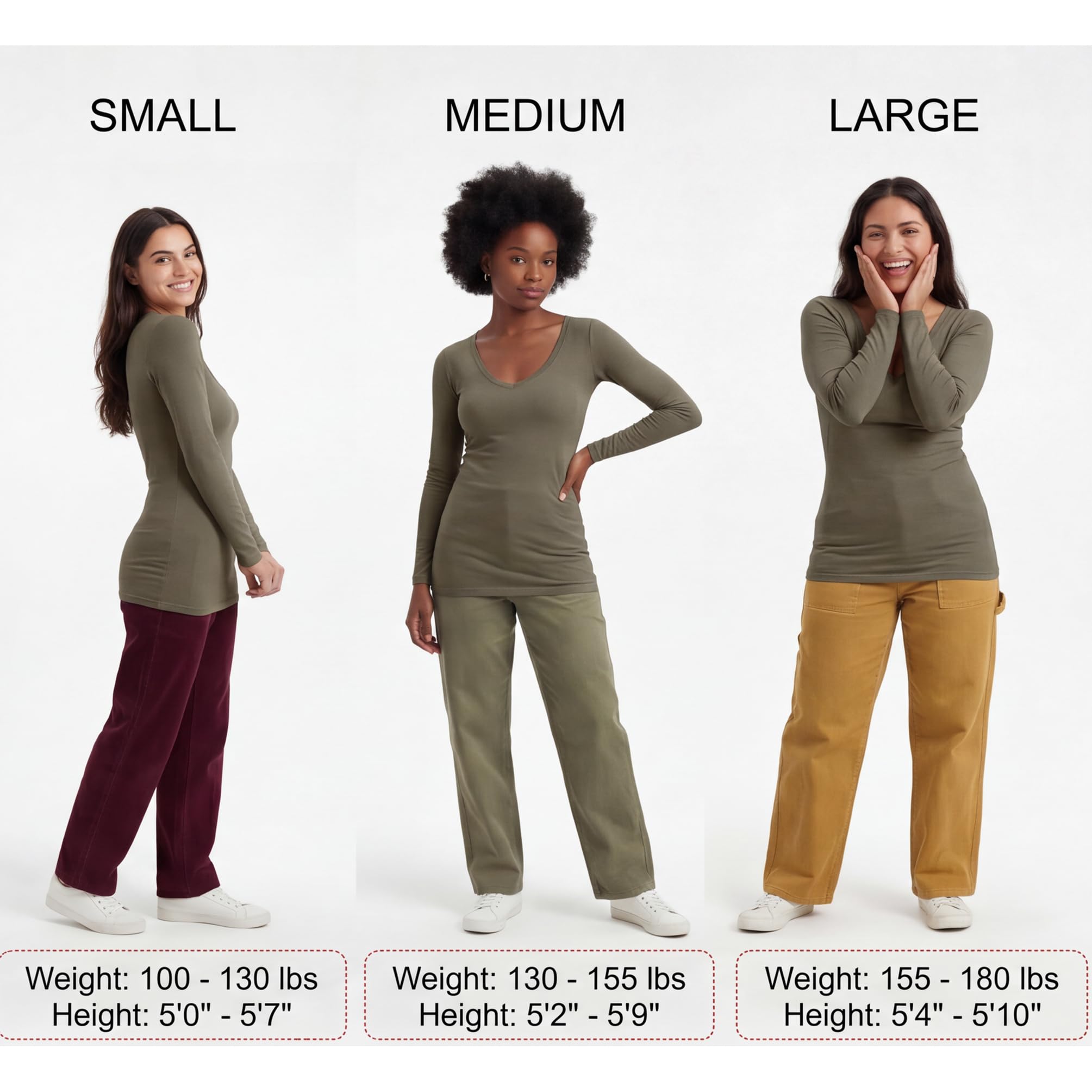 Emmalise T-shirt à manches longues et col en V pour femme Junior et grande taille, Lot de 4 - Bleu marine, noir, gris H, blanc, Taille L