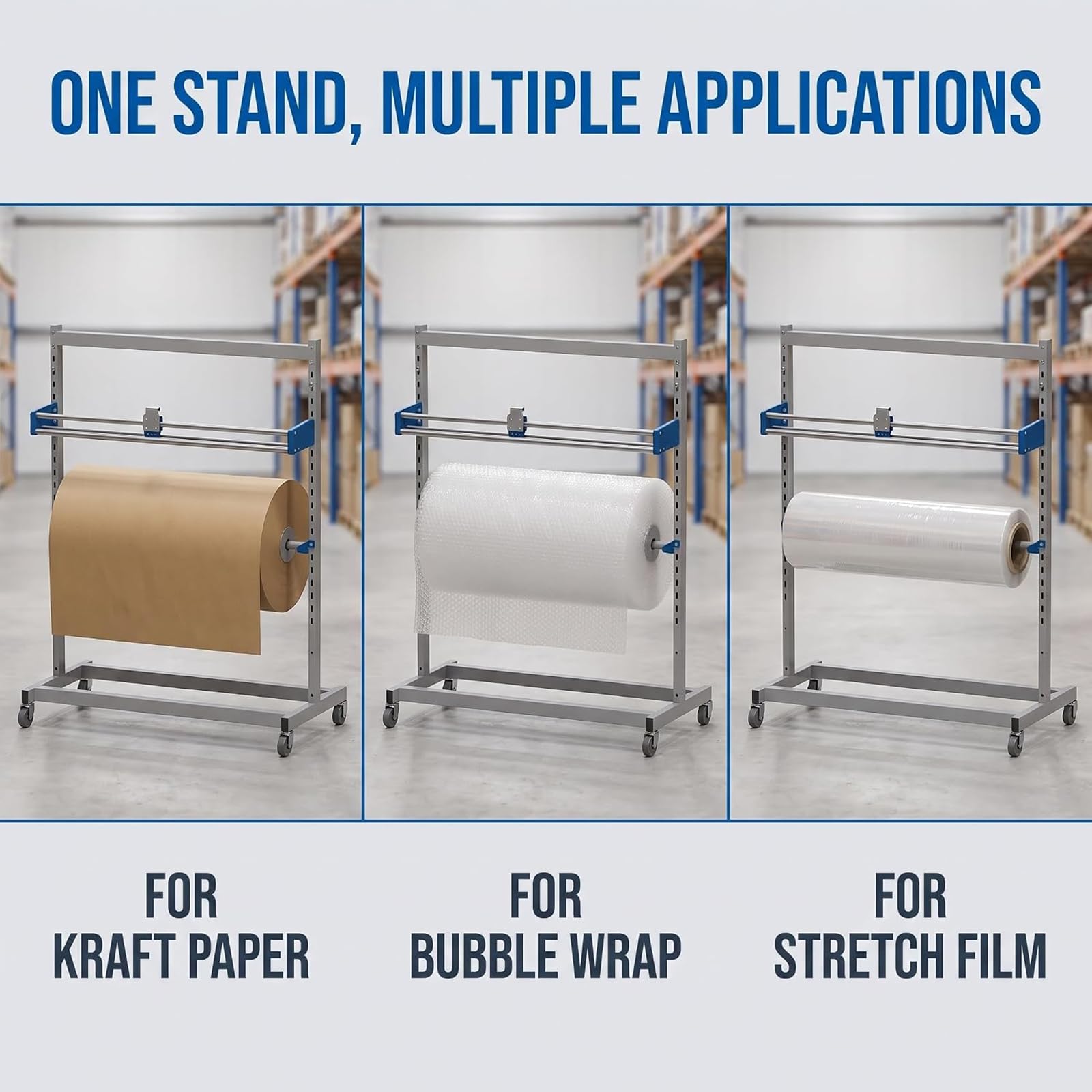 Support Dévidoir Mobile pour Rouleaux d'emballage (640-1300 Mm) avec Cutter – pour Film à Bulles, Papier Kraft Et Film étirable – Rack De Stockage Industriel sur ≤1600mm