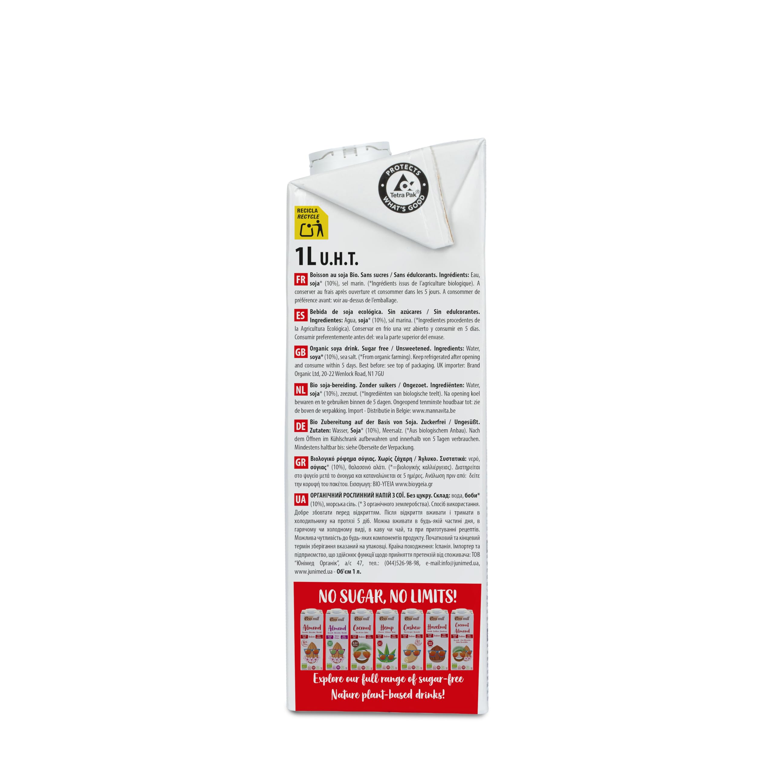 Ecomil - Bebida Vegetal de Soja Barista Bio Sin Azúcares, Pack 6 x 1L, Sin Lactosa, Ecológica, Vegana, Sin Edulcorantes, Baja en Carbohidratos, Ideal para Cafés