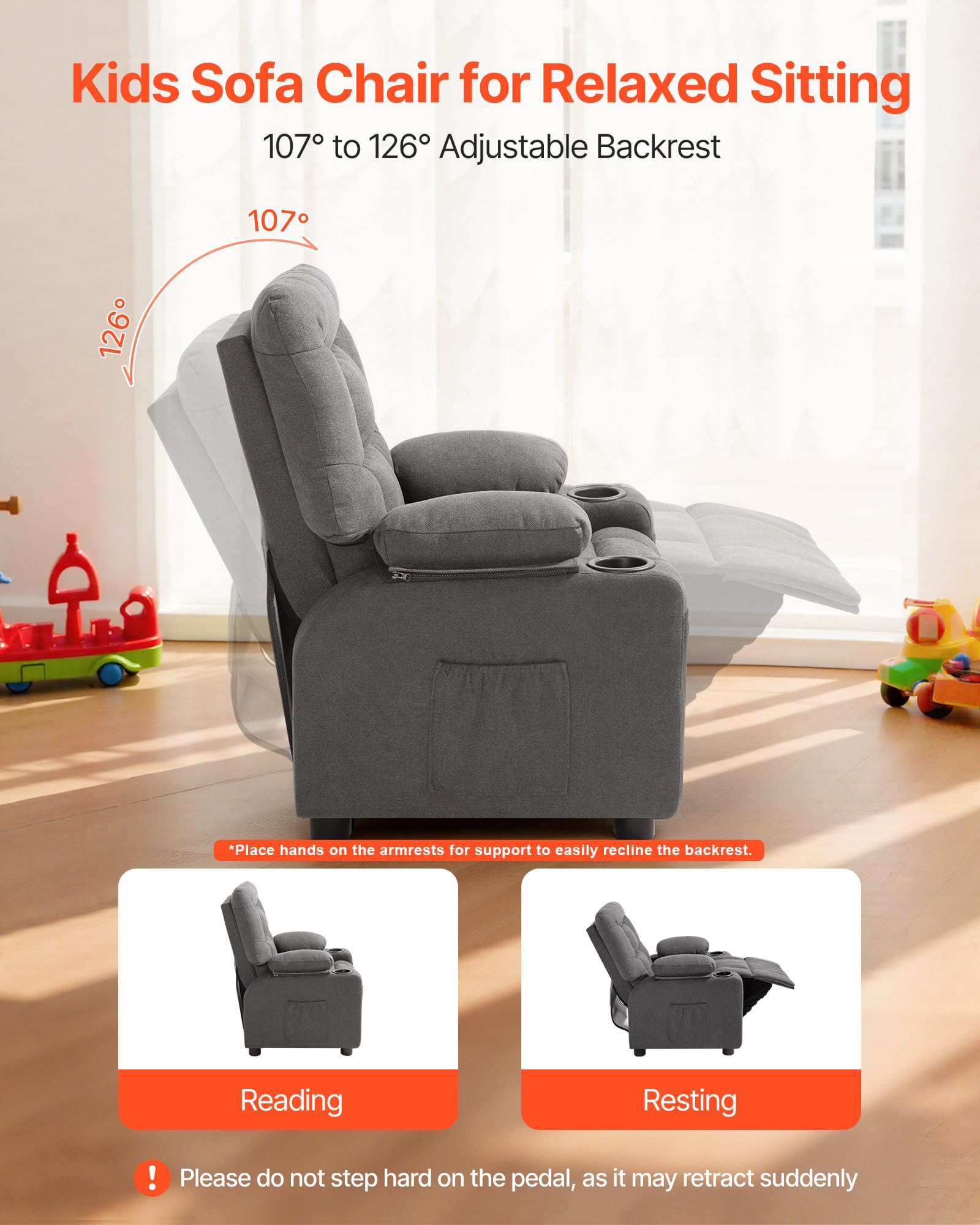 VEVOR Liegestuhl Kindersessel mit Getränkehaltern & Taschen, 107° bis 126° verstellbare Rückenlehne, atmungsaktives Polyestergewebe, Liegecouch mit Fußstütze, für Jungen Mädchen Kinder (Grau)