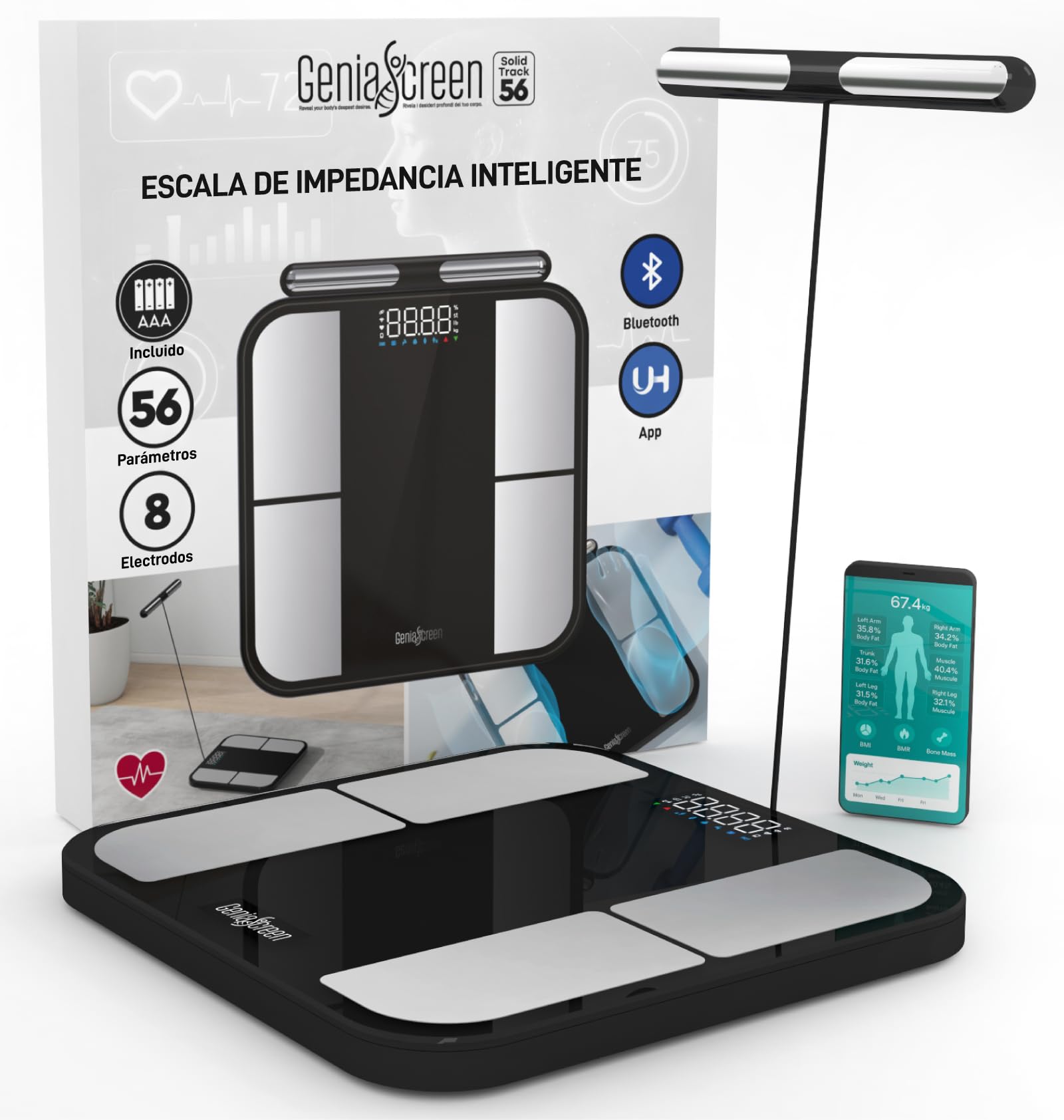 Bascula Bioimpedancia Smart Balanca Personas Inteligente con 56 Mediciones en Vidrio Templado Capacidad 180Kg GeniaScreen SolidTrack con Display LED - para Masa Muscular Grasa BMI Bluetooth