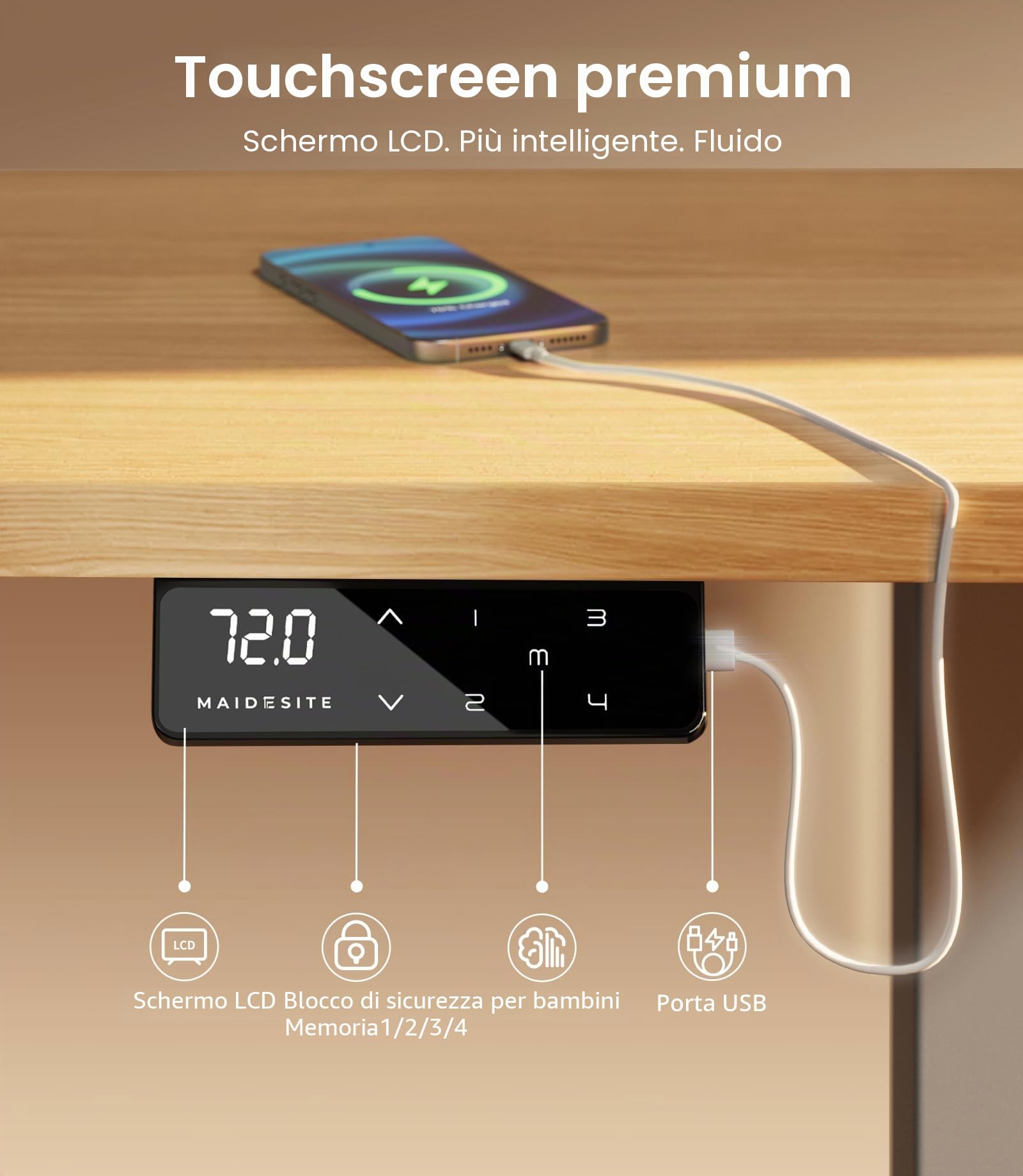 MAIDeSITe Scrivania regolabile in altezza da 72 cm a 120 cm con 4 tasti di memoria e blocco bambini - T1 Pro