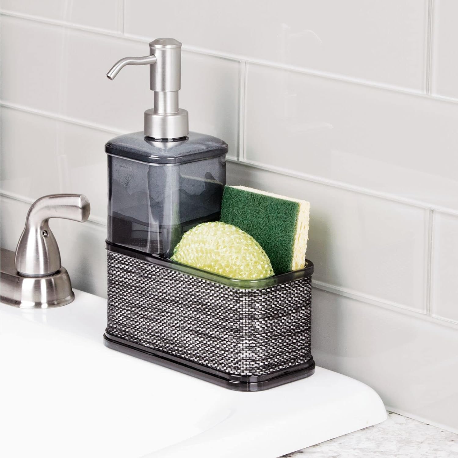 mDesign Plastic Dish Soap Dispenser with Sponge Holder - Kitchen Sink Liquid Soap Pump Dispenser with Organizer Compartment for Dishwashing Brush and Dish Sponges - Tesse Collection - Smoke Gray/Black