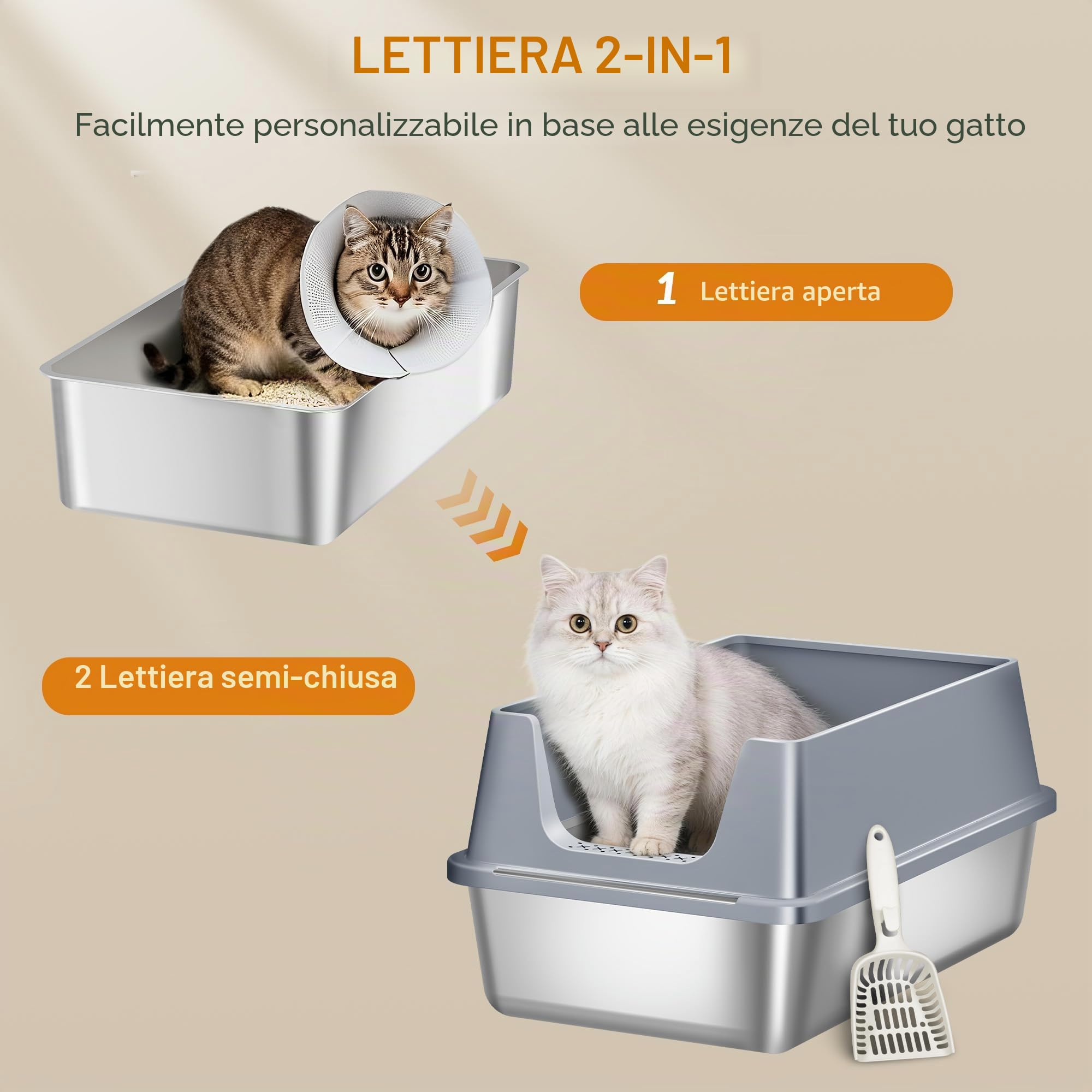 Lettiera in Acciaio per Gatti XXL, 60,5x40x29 cm, Grigio Scuro | Metallo Lettiera Acciaio con Bordi Alti, Grande Capacità Lettiere per Gatti, Paletta, Facile da Pulire FPLB003SG2