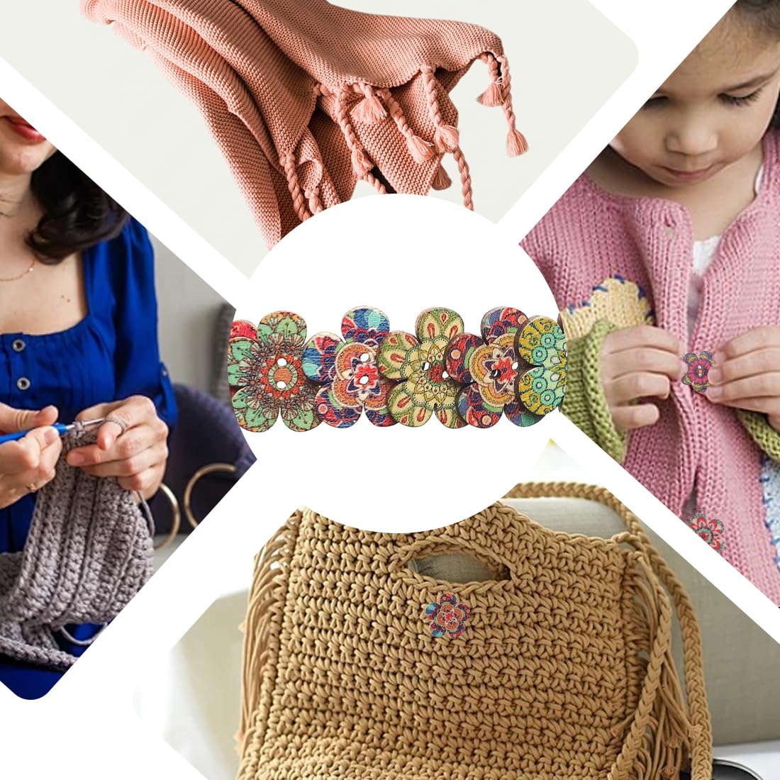 100 Bottoni In Legno Dipinti A Mano - Motivi Geometrici E Botanici, Per Cucito E Artigianato (20-25mm) - Foto 9