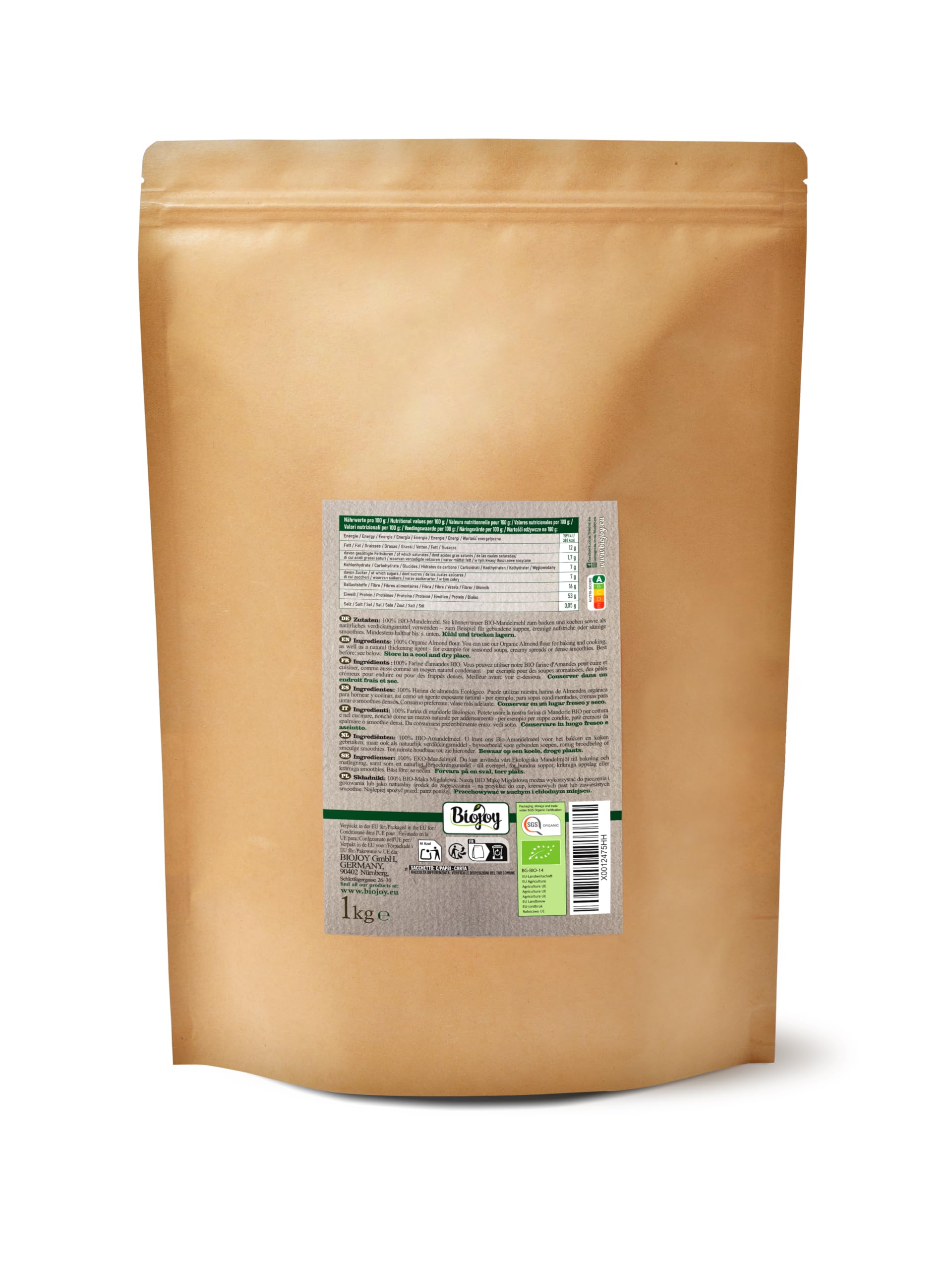 Biojoy Harina de Almendra Desgrasada Ecológica (1 kg), molida suavemente y sin aditivos