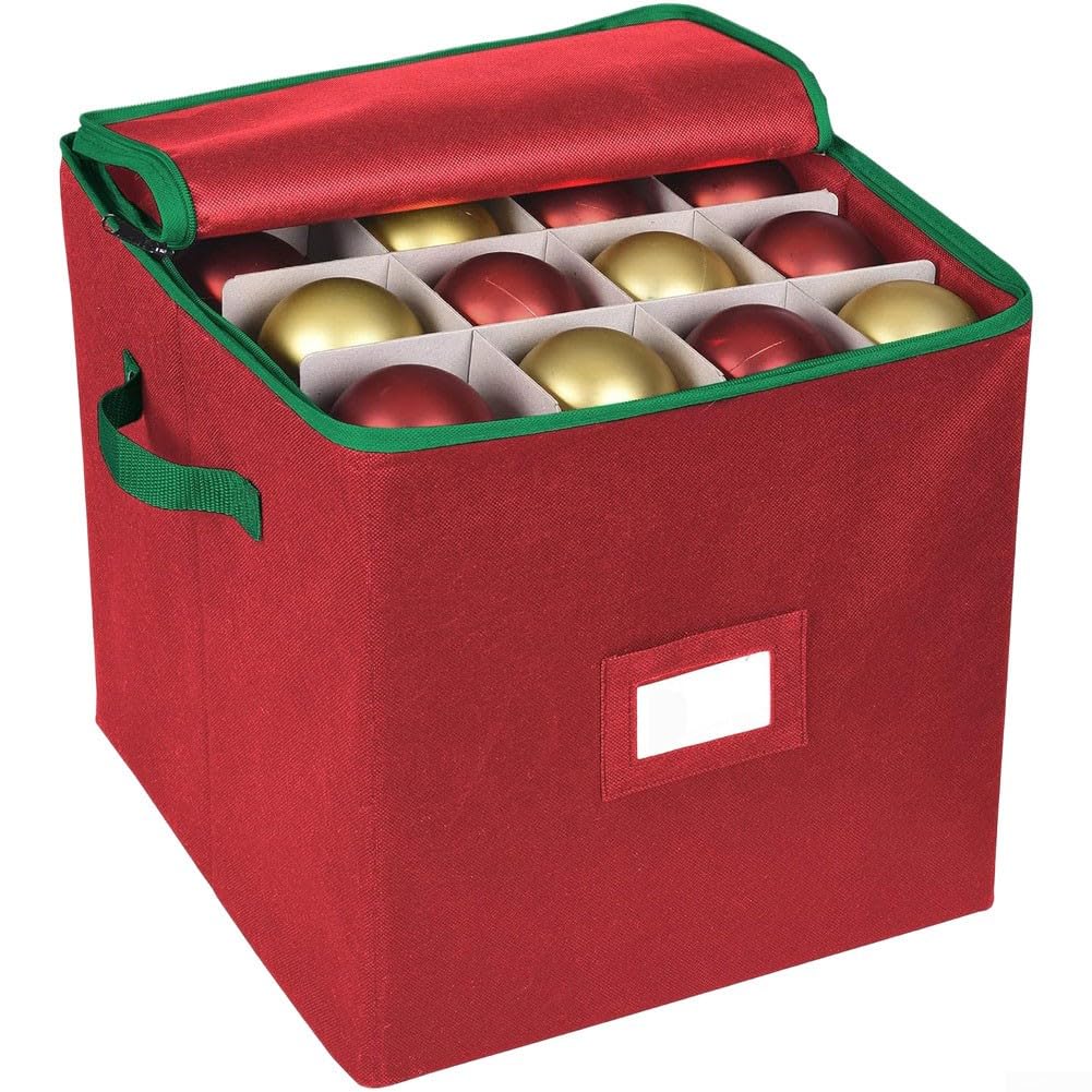 Aufbewahrungsbox für Weihnachtskugeln mit 64 Gitterabschnitten und Trennwänden, Reißverschluss, um Ornamente sicher zu halten, faltbar und leicht zu tragen, mit seitlichen Griffen (rot)