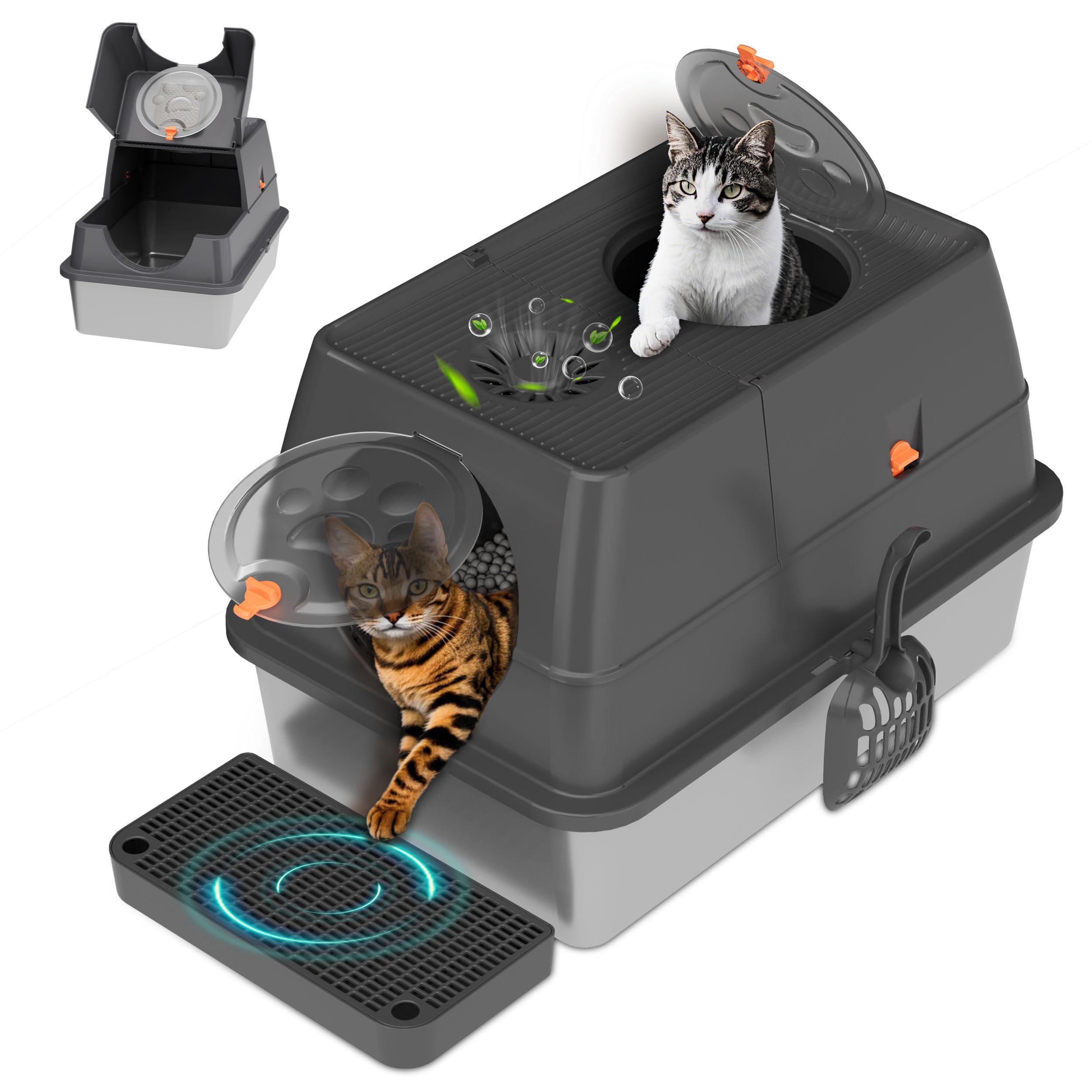 Citylife Stainless Steel Litter Box with Lid XL Large Enclosed Metal Box Anti-Leakagecat Litter Box Stainless Steel Includes Scoop, Mat, Odor Control Easy Cleaning, Dark Grey