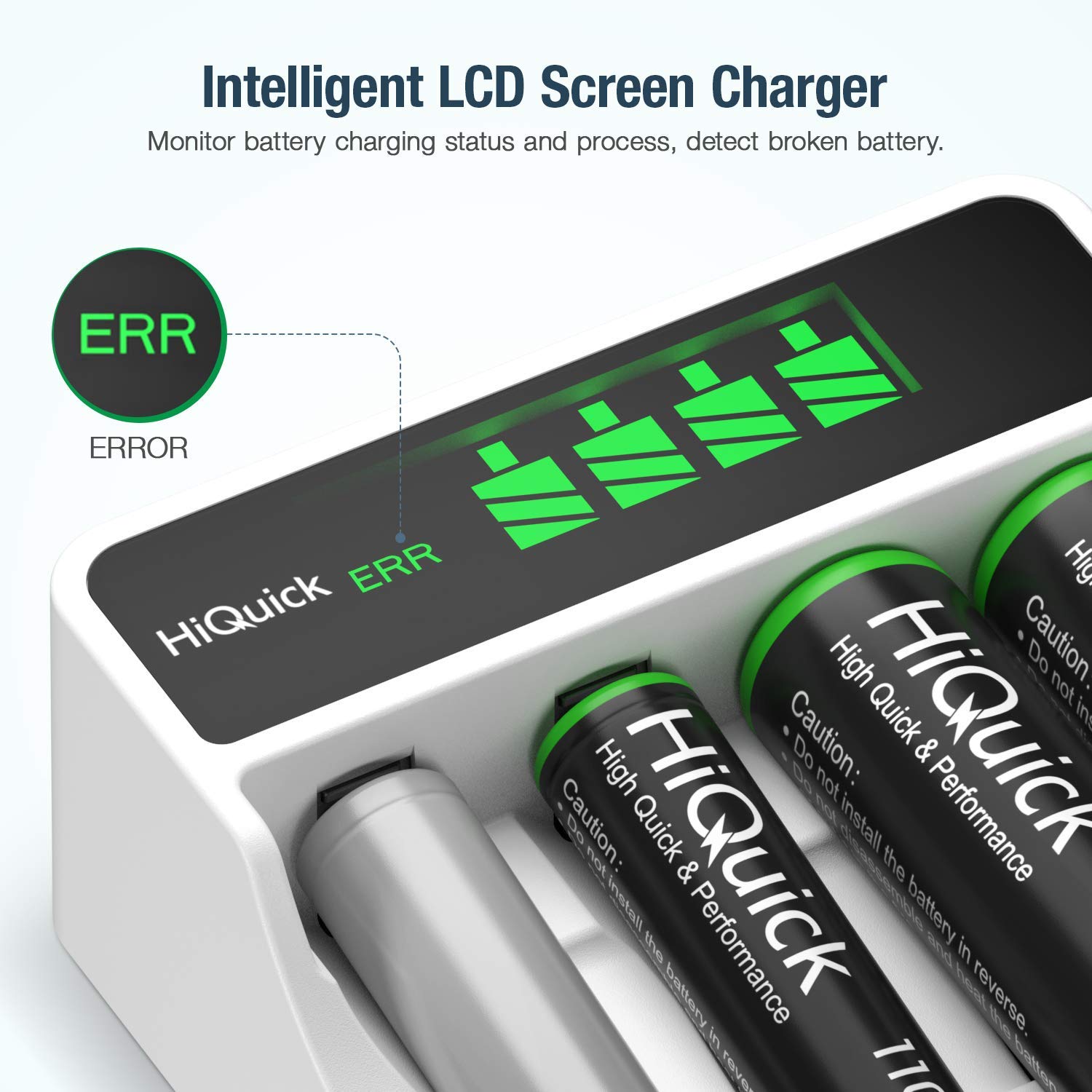 HiQuick AA AAA Battery Charger with LCD,4 Bay AA AAA Rechargeable Battery Charger Fast Charging 2 Input Methods Slots Design for 1.2V Ni-MH Ni-CD AAA and aa Rechargeable Batteries